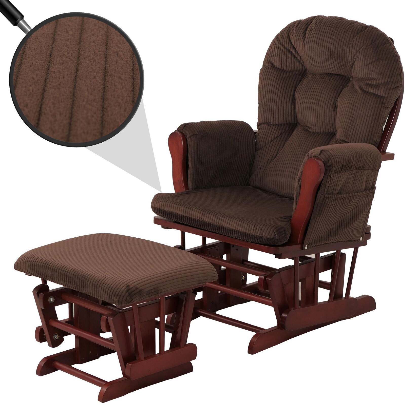 Relaxsessel MCW-C76, Schaukelstuhl Sessel Schwingstuhl mit Hocker Stoff Cord 320g/m² Öko-Tex ~ braun Gestell dunkel