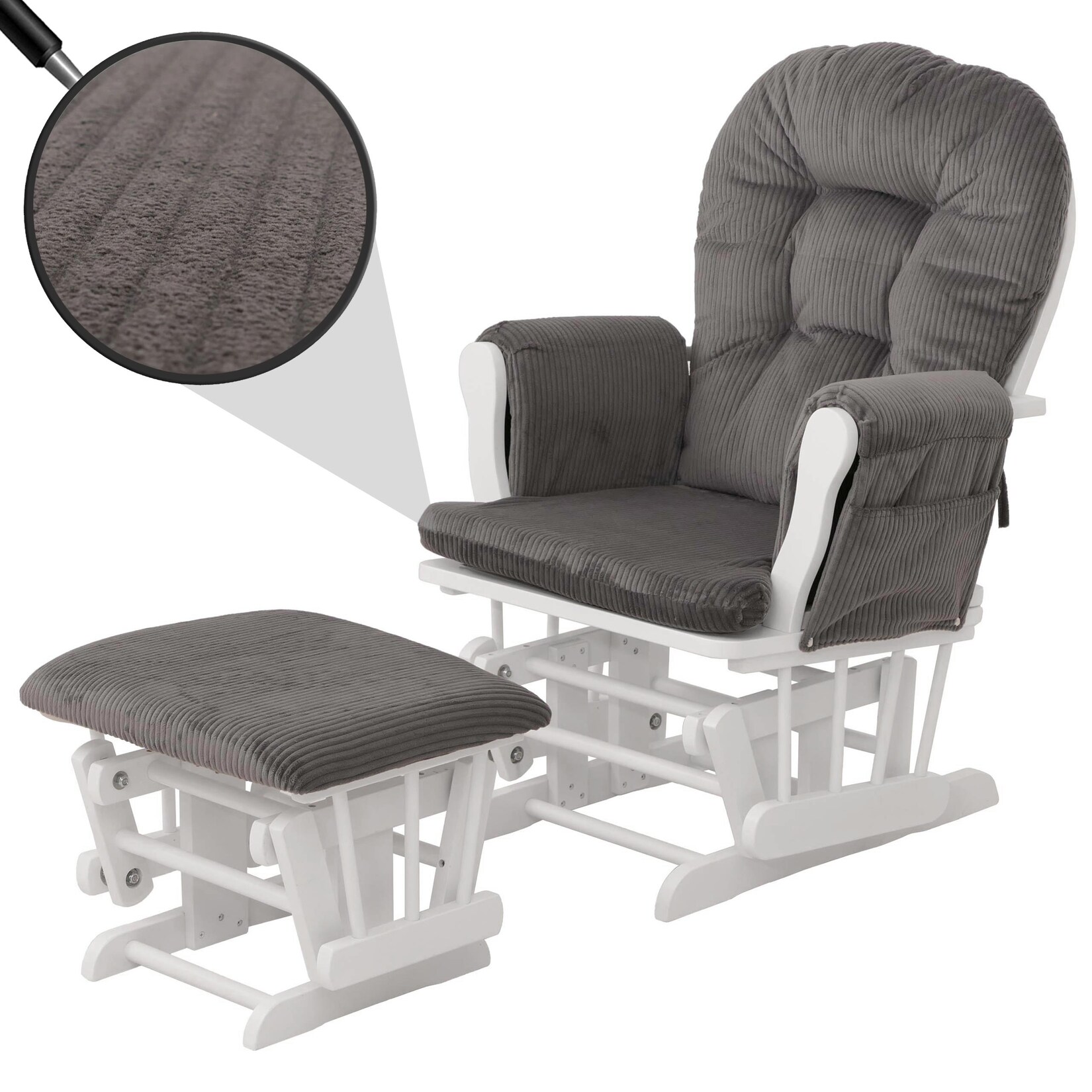 Relaxsessel MCW-C76, Schaukelstuhl Sessel Schwingstuhl mit Hocker Stoff Cord 320g/m² Öko-Tex ~ dunkelgrau Gestell weiß