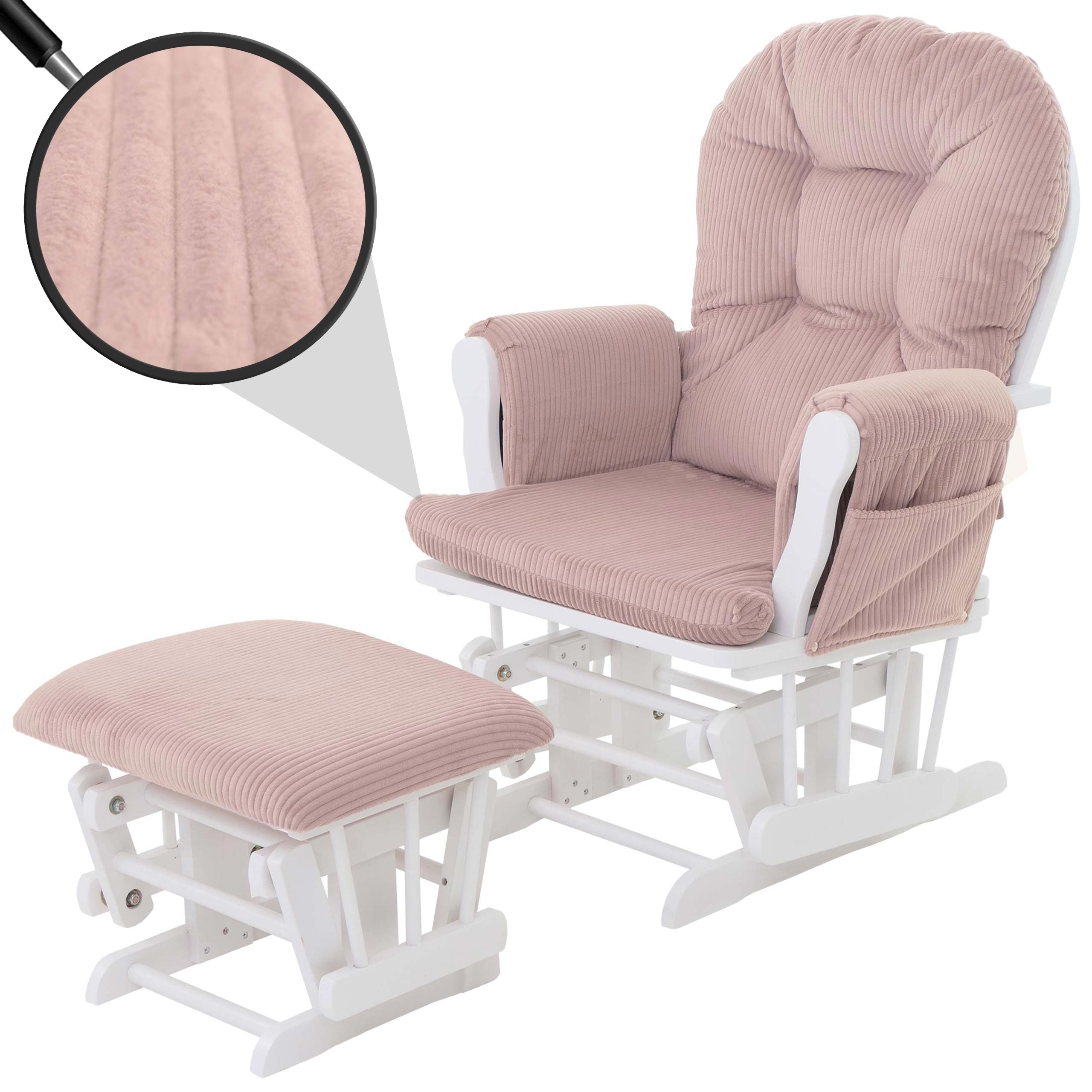 Relaxsessel MCW-C76, Schaukelstuhl Sessel Schwingstuhl mit Hocker Stoff Cord 320g/m&sup2; &Ouml;ko-Tex ~ rosa Gestell wei&szlig; - Bild 1