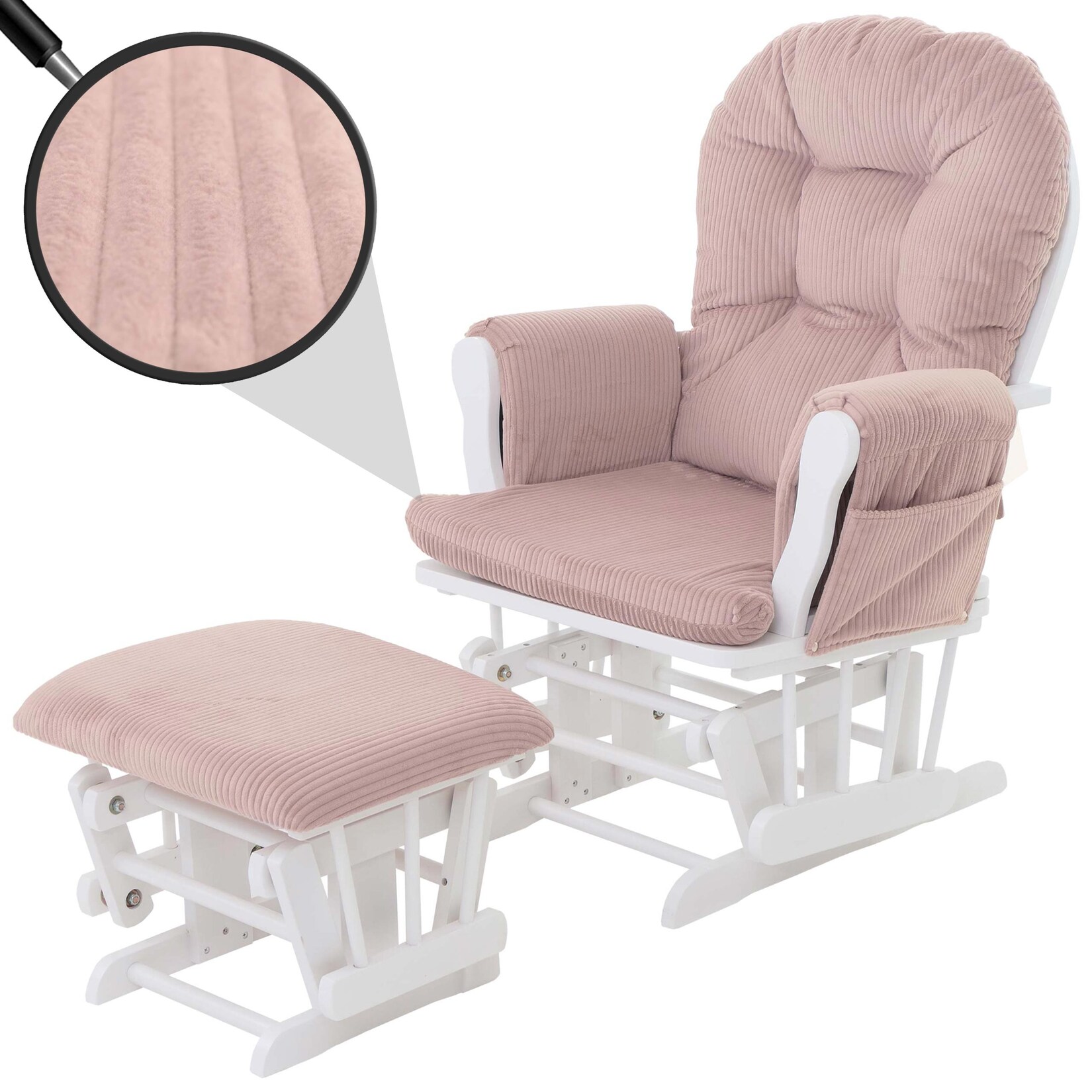 Relaxsessel MCW-C76, Schaukelstuhl Sessel Schwingstuhl mit Hocker Stoff Cord 320g/m² Öko-Tex ~ rosa Gestell weiß | 04057651734873