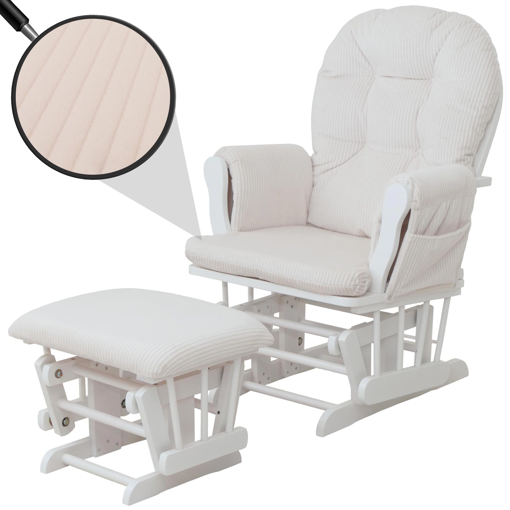 Relaxsessel MCW-C76, Schaukelstuhl Sessel Schwingstuhl mit Hocker Stoff Cord 320g/m² Öko-Tex ~ creme Gestell weiß