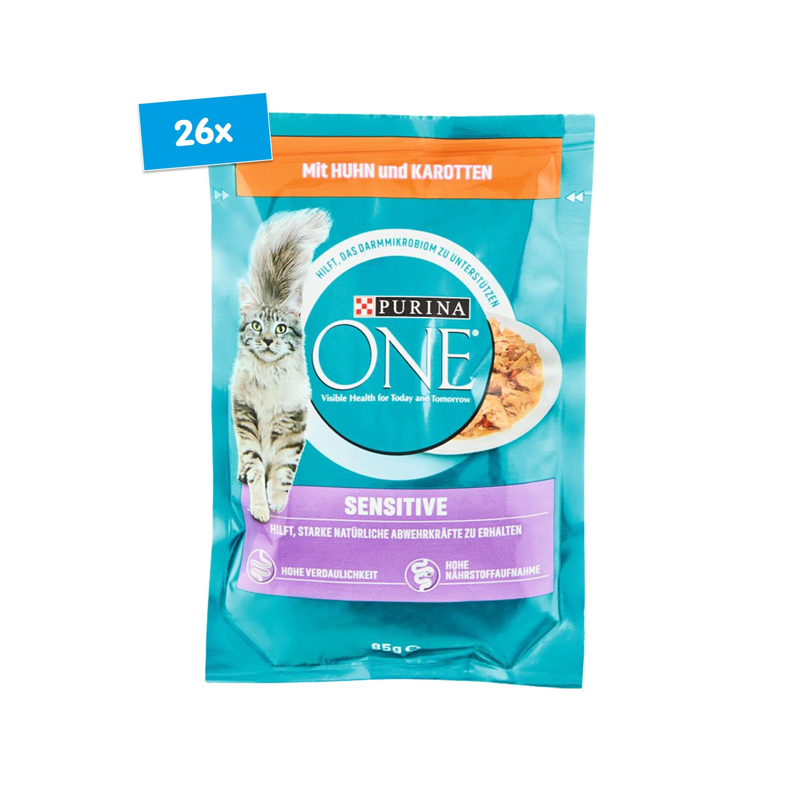 PURINA One Sensitive Katzennassfutter mit Huhn und Karotten 85 g, 26er Pack | 07613287903389