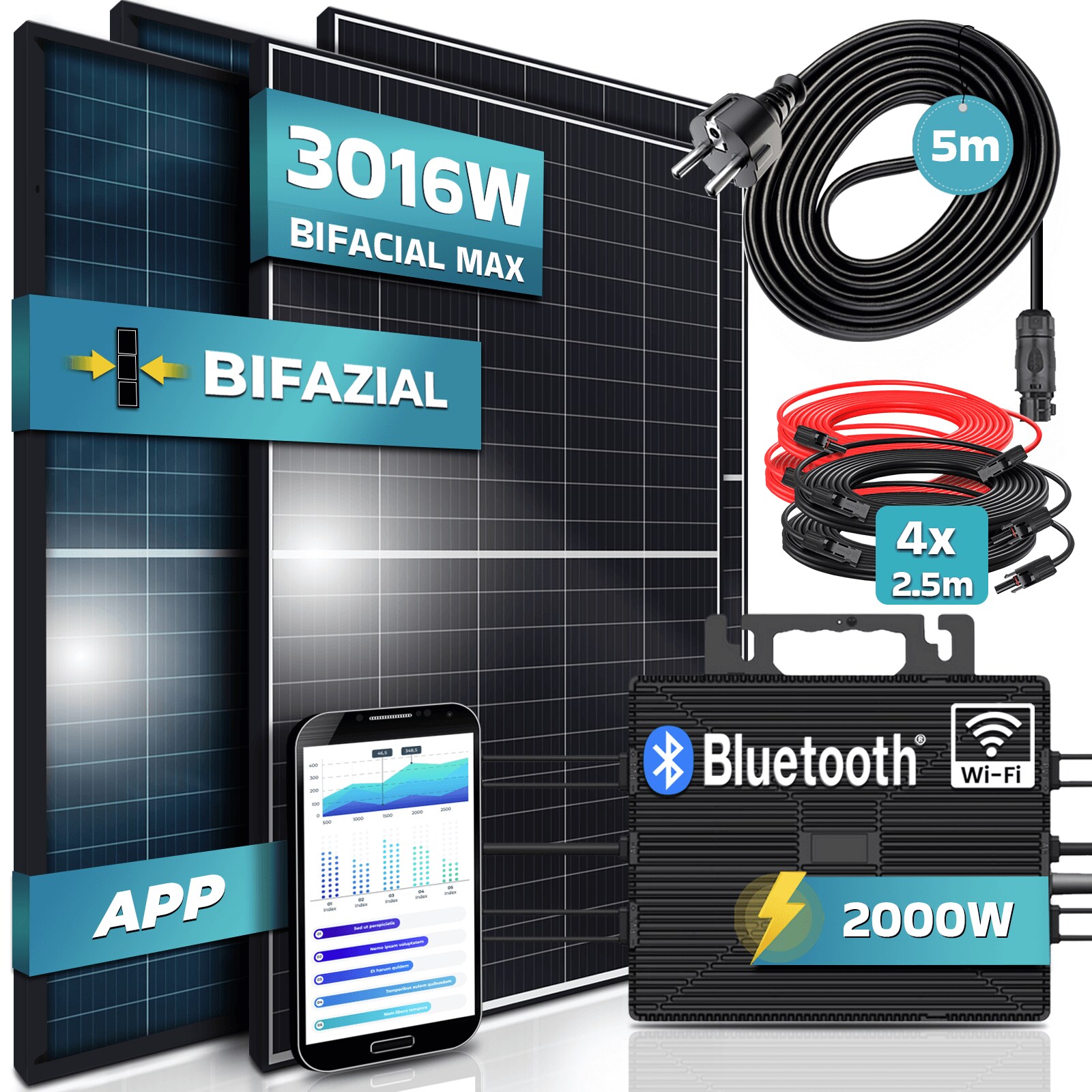SUNNIVA&reg; Balkonkraftwerk BIFACIAL Black Frame 3016/2000W Solaranlage mit 2000W Astro Energy Micro Wechselrichter Wifi Bluetooth, upgradebar drosselbar, 4x580W Solarmodule, 5m Kabel, Photovoltaikanlage - Bild 1