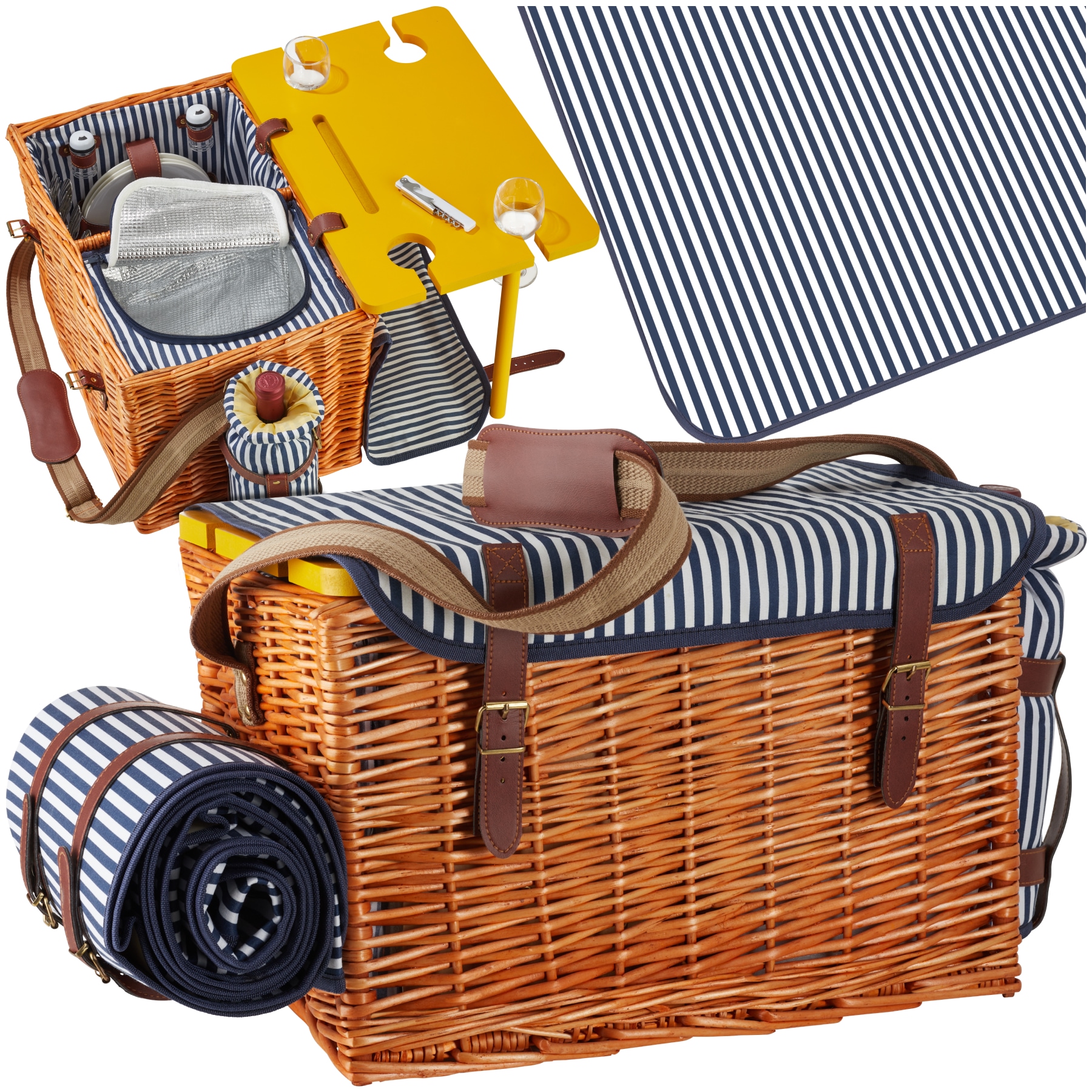 tectake&reg; Picknickkorb, f&uuml;r 4 Personen, mit Picknickdecke, geflochtene Weide, 2 Schnallenverschl&uuml;sse und verstellbarer Tragegurt, inkl. 20-teiliges Geschirrset, Kellnermesser, Gew&uuml;rzstreuer und Weink&uuml;hler - Bild 1