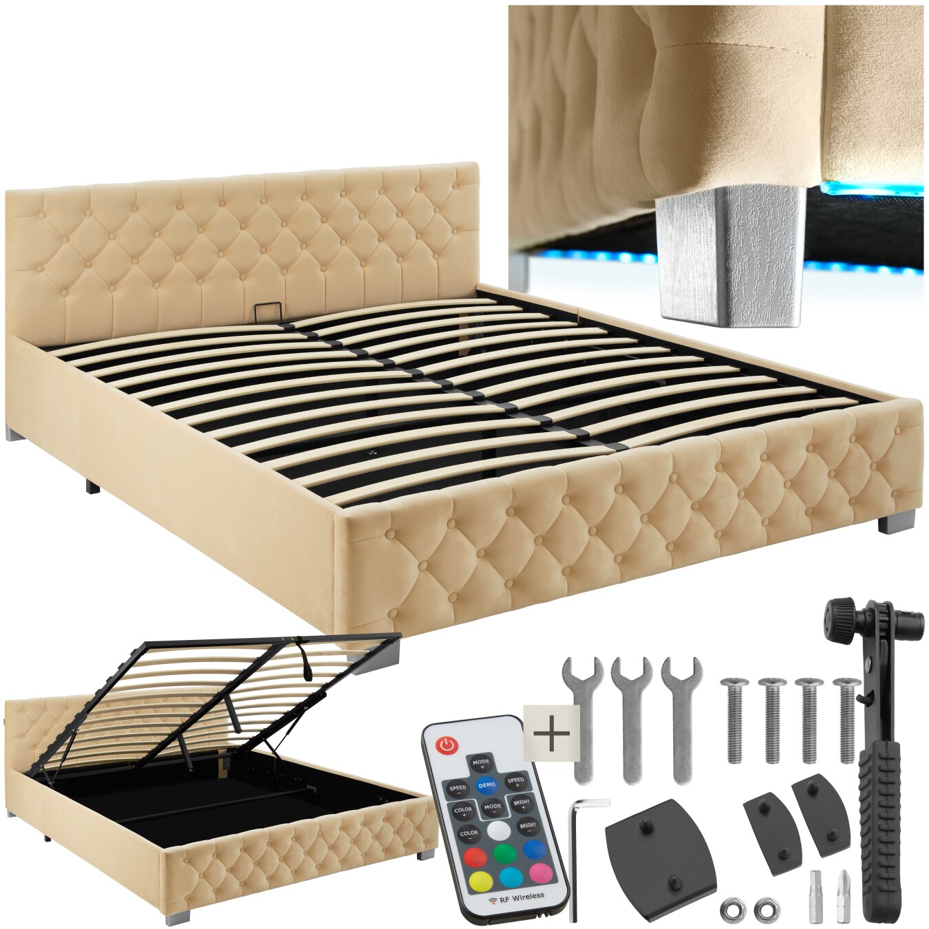 tectake&reg; Polsterbett, in Samtoptik mit Steppmuster, inklusive hochklappbarem Lattenrost, gro&szlig;er Stauraum - Bild 1