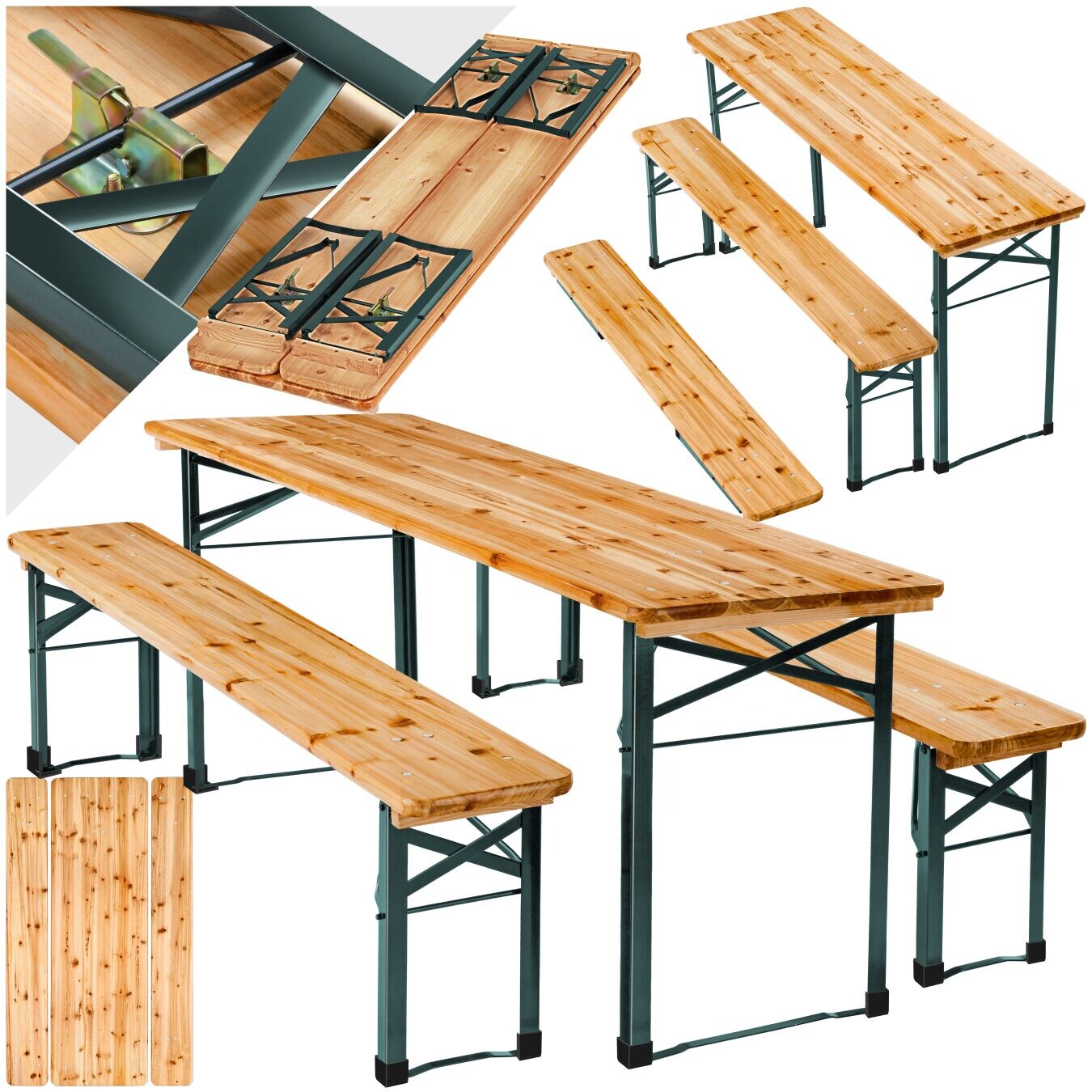 tectake® Bierzeltgarnitur, 3-teilig, klappbar, beschichtetes Stahlgestell mit soliden Scharnieren, robustes Tannenholz mit Schutzlackierung | 04061173277763