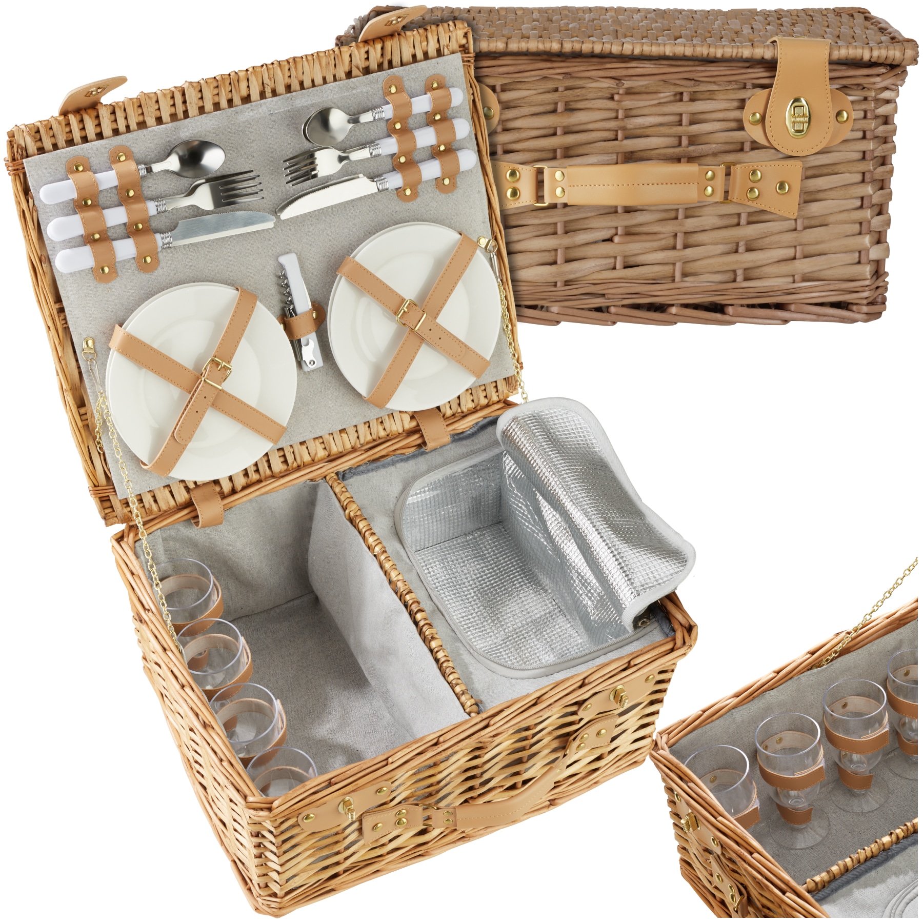 tectake&reg; Picknickkorb, f&uuml;r 4 Personen, geflochtene Weide, mit Drehverschl&uuml;ssen und Tragegriff, inkl. 20-teiliges Geschirrset und Kellnermesser - Bild 1