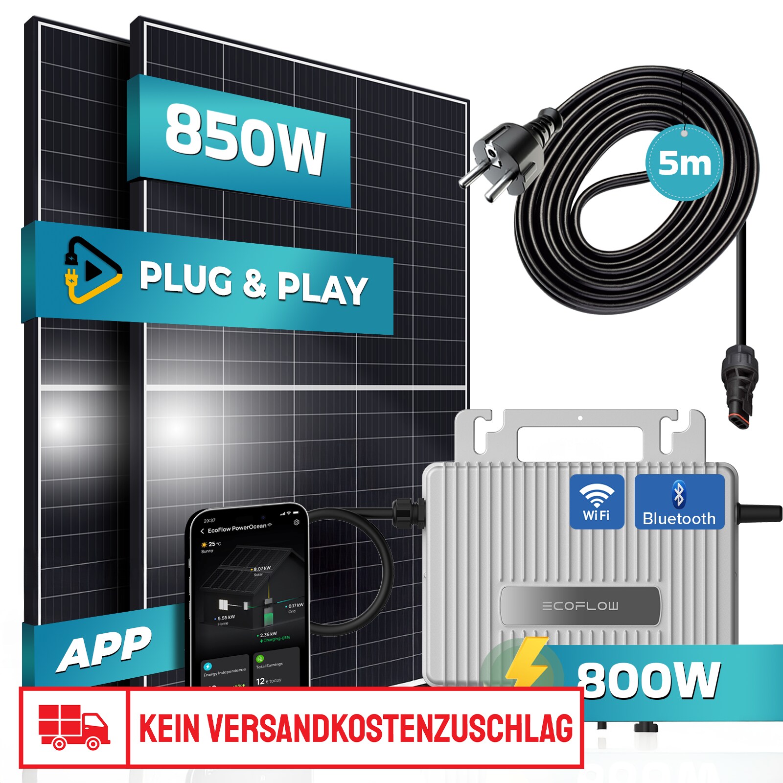 SUNNIVA® Balkonkraftwerk 850/800W Solaranlage mit 800W Eco Flow Stream Micro Wechselrichter mit Wifi Bluetooth, upgradebar drosselbar, 2x 425W Solarmodule, 5m Kabel, Solarkabel, Photovoltaikanlage | 04255656235986