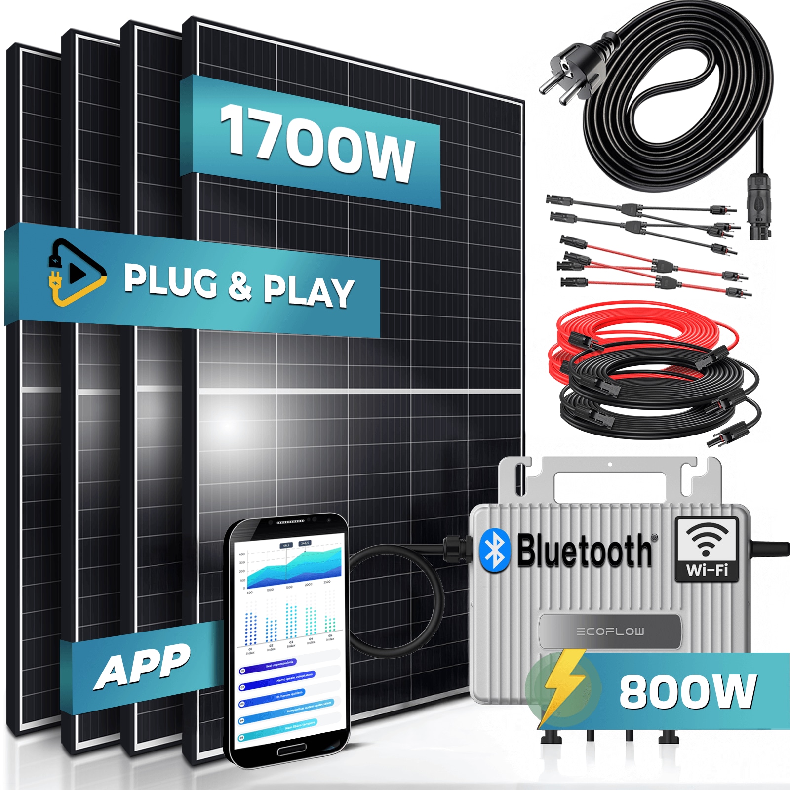 SUNNIVA&reg; 1700W Balkonkraftwerk 800W komplett Steckdose - Ecoflow S 800W Micro Wechselrichter - PV Solaranlage Komplettset, 4x 425W (1700W) Solarmodule, inkl.5m Kabel, Y-Verteiler, Bluetooth, WIFI - Bild 1