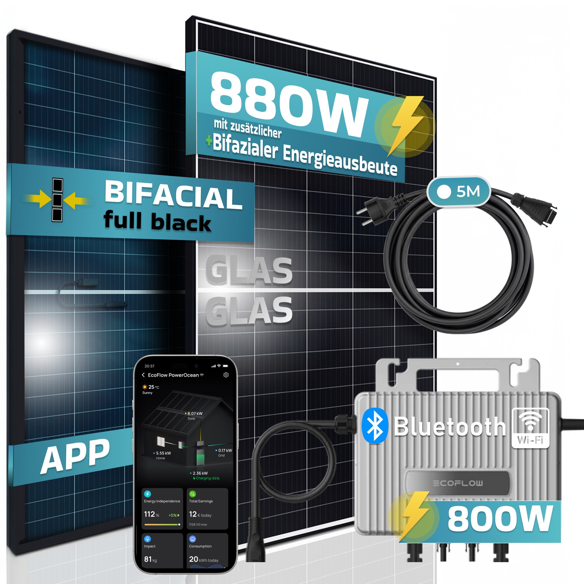 SUNNIVA&reg; 880W Balkonkraftwerk 800W komplett Steckdose - Eco Flow 800W Wechselrichter - PV Solaranlage Komplettset - 2x 440W BIFAZIAL, BLACK Frame, Single Glas Solarmodule - inkl. 5m Kabel - Bluetooth - Bild 1