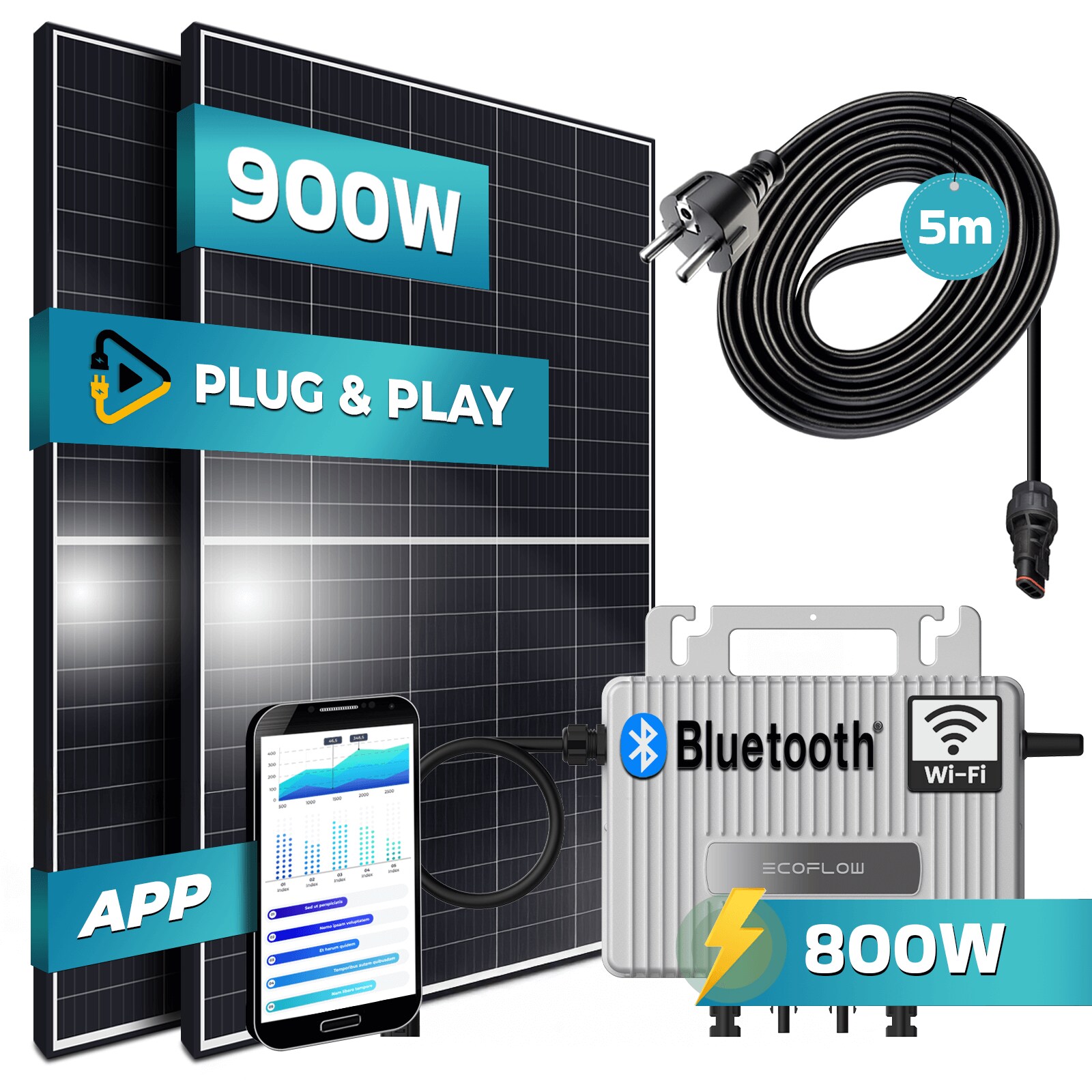 SUNNIVA® 900W Balkonkraftwerk 800W komplett Steckdose - Ecoflow Stream 800W Wechselrichter - PV Solaranlage Komplettset - 2x 450W (900W) Solarmodule - inkl. 5m Kabel - Bluetooth, WIFI