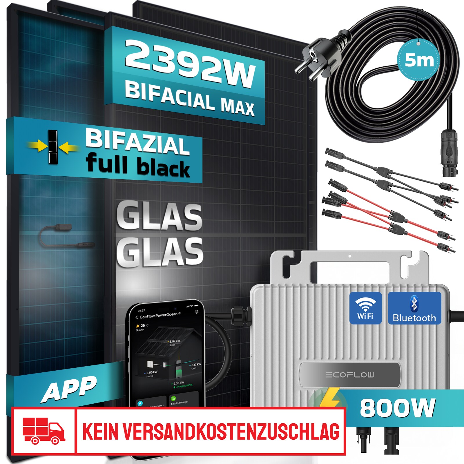 SUNNIVA® Balkonkraftwerk FULL BLACK BIFACIAL GLAS GLAS 2392W/800W Solaranlage mit 800W Ecoflow Stream Micro Wechselrichter Wifi Bluetooth, upgradebar drosselbar, 4x460W Bifaziale Solarmodule, 5m Kabel | 04255656236044