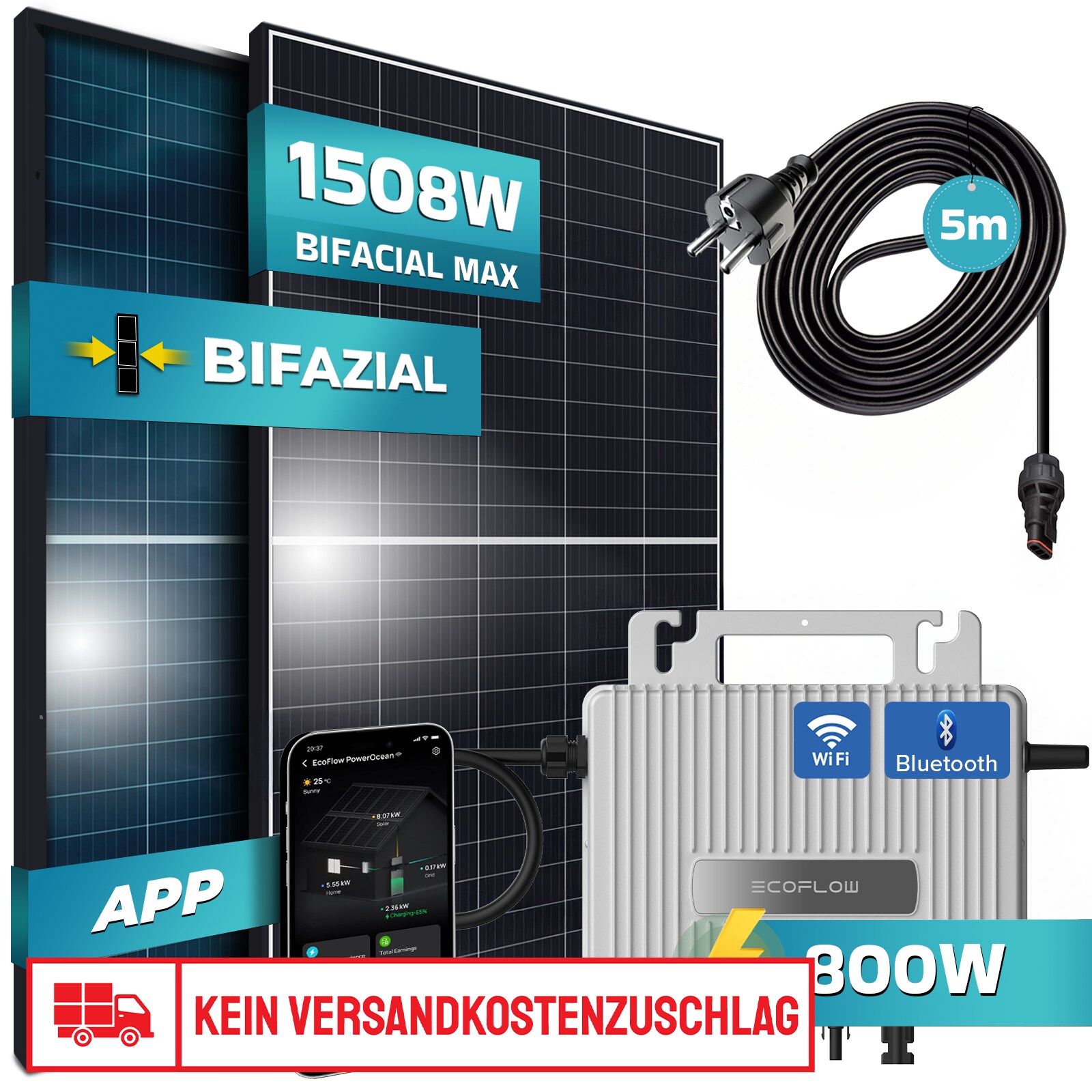 SUNNIVA&reg; Balkonkraftwerk BIFACIAL Black Frame 1508W/800W Solaranlage mit 800W EcoFlow Micro Wechselrichter Wifi Bluetooth, upgradebar drosselbar, 2x580W Solarmodule, 5m Kabel, Photovoltaikanlage - Bild 1