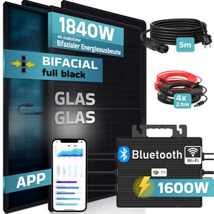 SUNNIVA® 1840W Balkonkraftwerk BIFAZIAL FULLBLACK komplett Steckdose ASTRO-E 1600W Wechselrichter, PV Solaranlage, 4x 460W Glas-Glas Solarmodule, inkl. 5m Kabel, Bluetooth WIFI, Komplettset - Bild 1