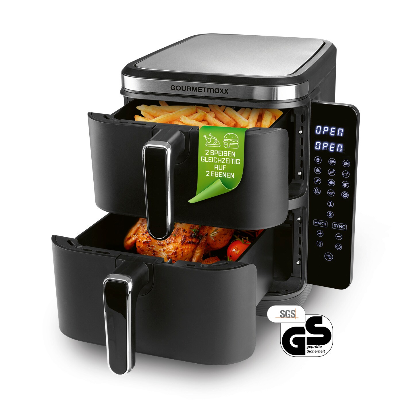 GOURMETmaxx Heißluft-Fritteuse Doppelkorb vertikal 2x 5,5l 2600W schwarz | 04067522076032