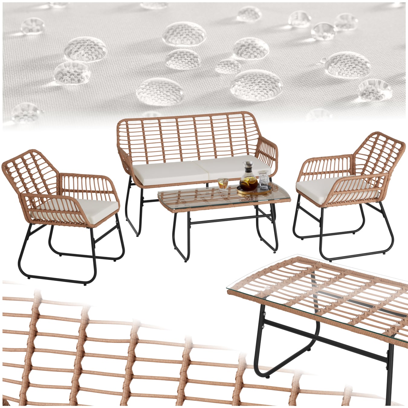 tectake&reg; Rattan Sitzgruppe, f&uuml;r 4 Personen, wetterfestes Rattangeflecht, h&ouml;henverstellbare Kunststofff&uuml;&szlig;e - Bild 1