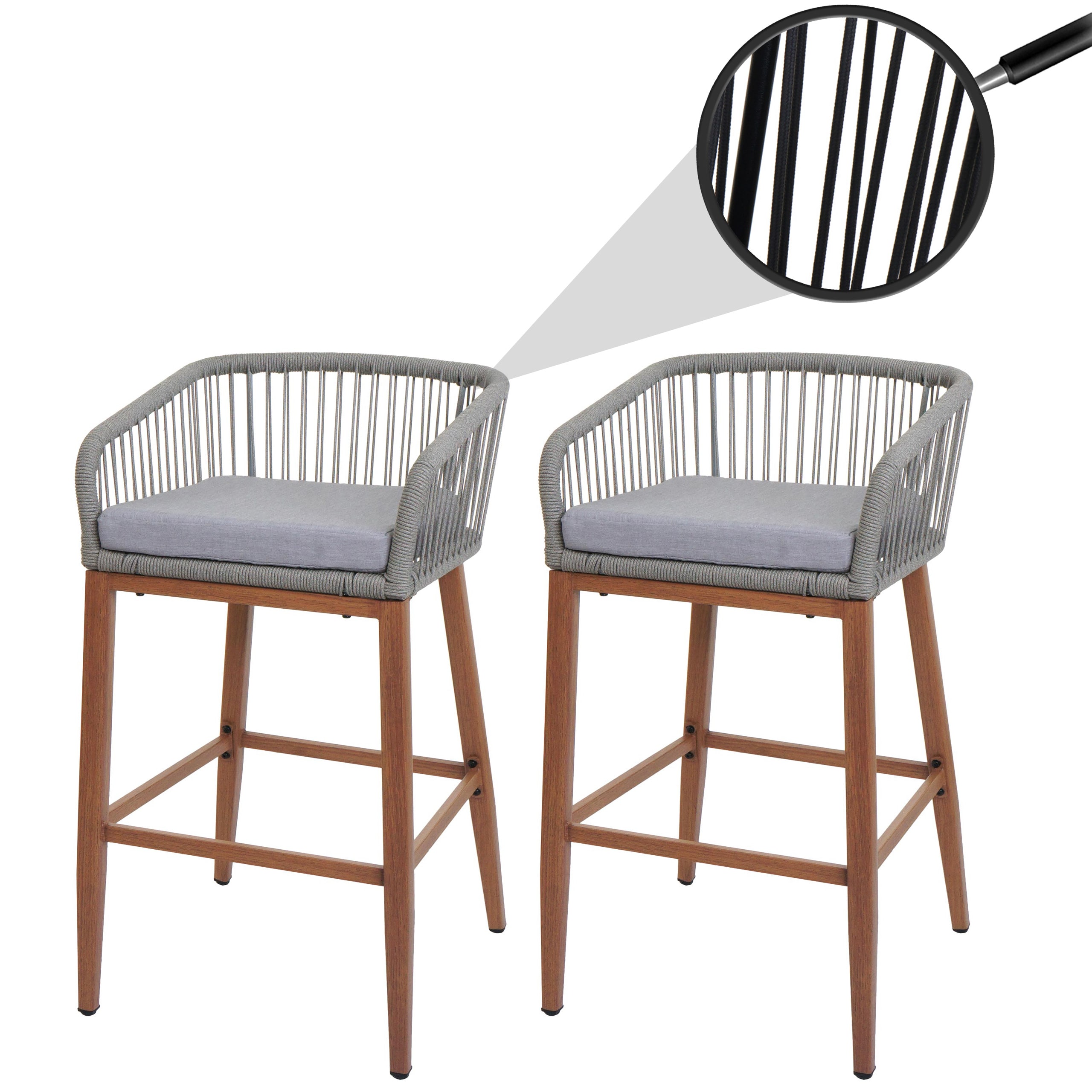 2er-Set Rope-Barhocker MCW-O22, Outdoor Sitzpolster Seilgeflecht Metall Holz-Optik ~ hellgrau, Kissen hellgrau - Bild 1
