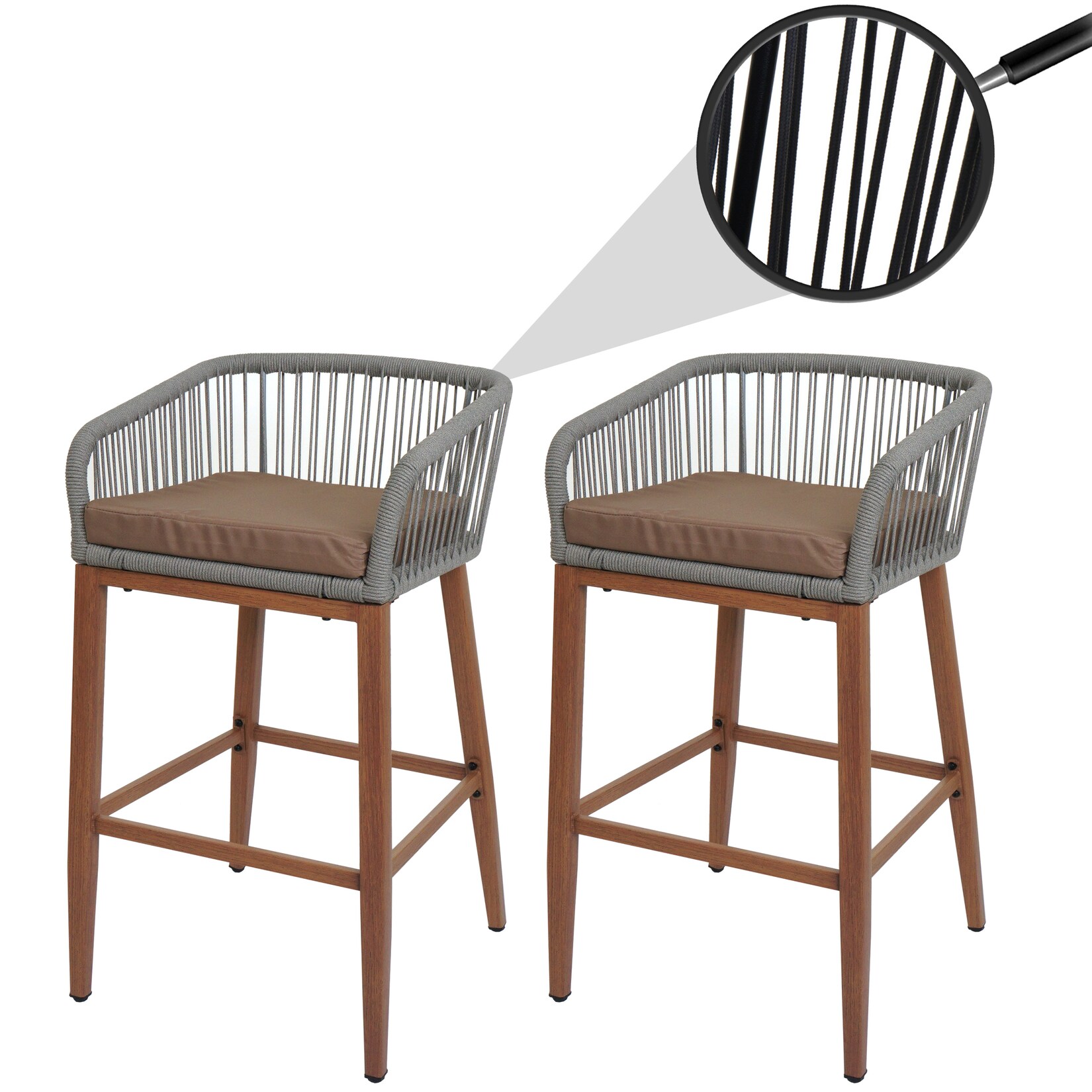 2er-Set Rope-Barhocker MCW-O22, Outdoor Sitzpolster Seilgeflecht Metall Holz-Optik ~ hellgrau, Kissen taupe
