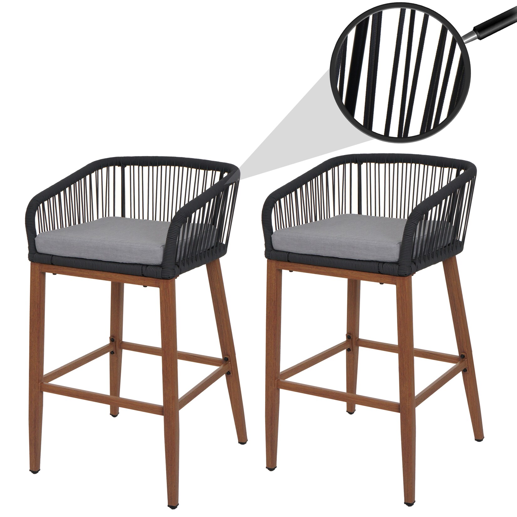 2er-Set Rope-Barhocker MCW-O22, Outdoor Sitzpolster Seilgeflecht Metall Holz-Optik ~ anthrazit, Kissen hellgrau