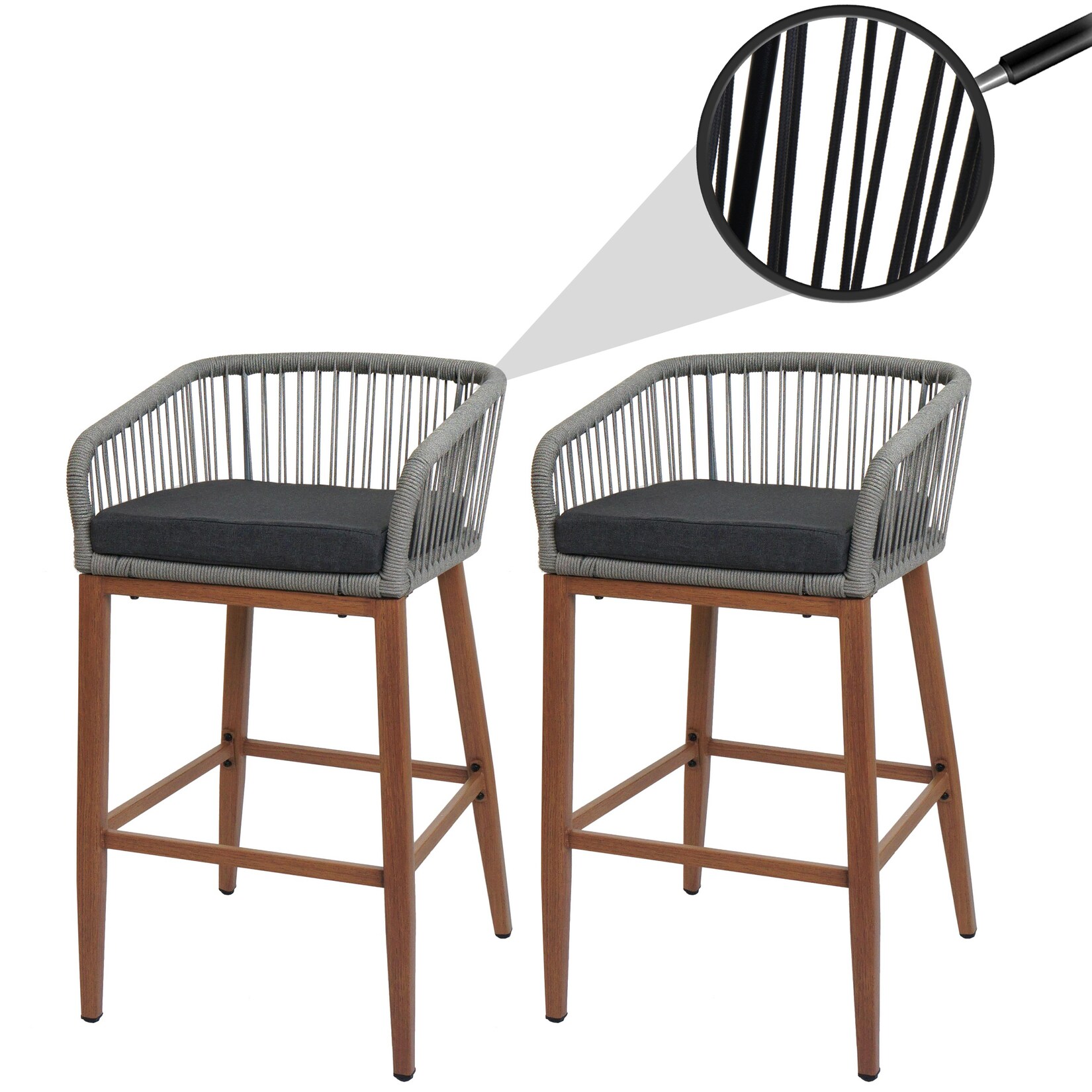 2er-Set Rope-Barhocker MCW-O22, Outdoor Sitzpolster Seilgeflecht Metall Holz-Optik ~ hellgrau, Kissen dunkelgrau
