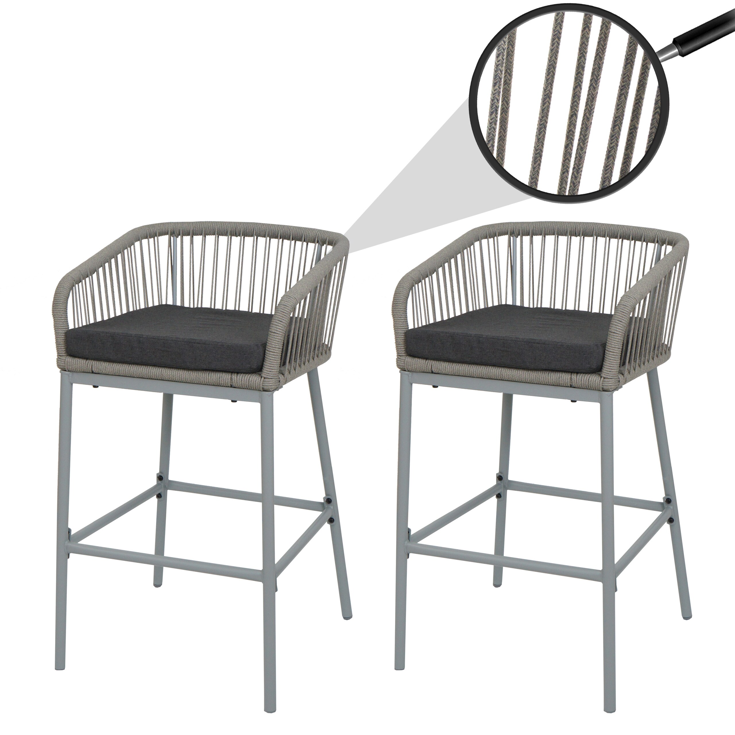 2er-Set Rope-Barhocker MCW-O22, Tresenhocker, Outdoor Sitzpolster Seilgeflecht Metall ~ hellgrau, Kissen dunkelgrau - Bild 1