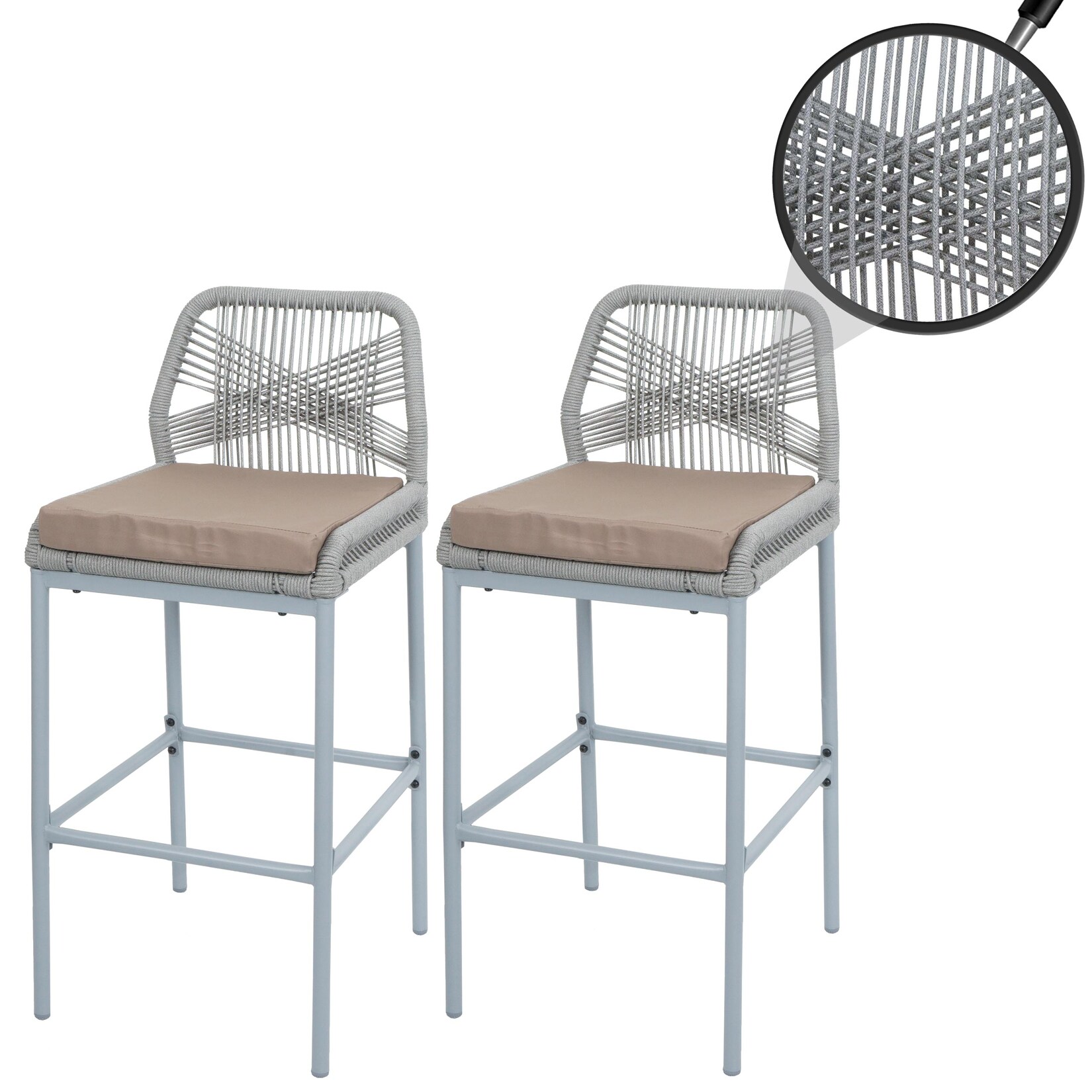 2er-Set Rope-Barhocker MCW-O21, Outdoor Sitzpolster Seilgeflecht Metall ~ hellgrau, Kissen taupe | 04057651737065