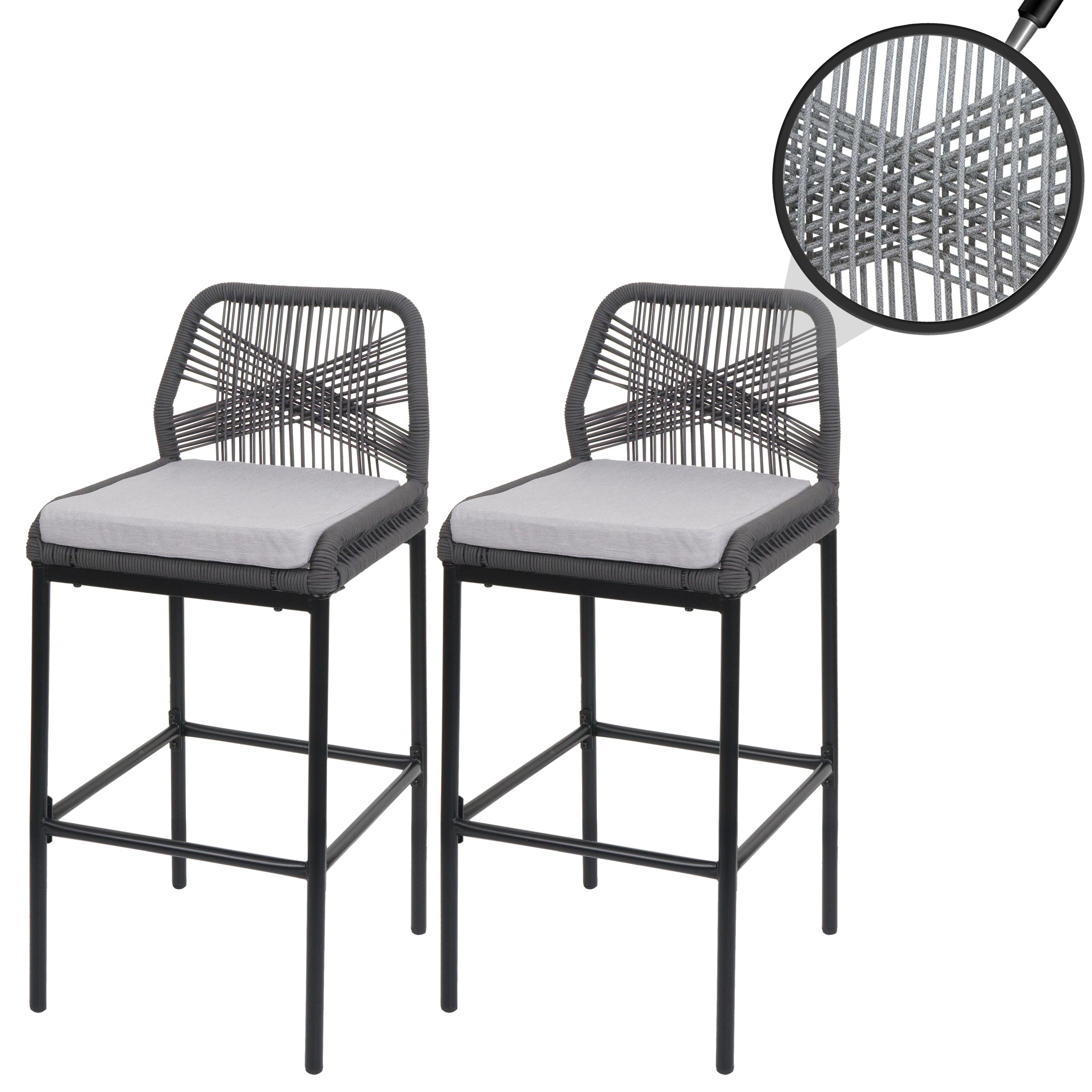 2er-Set Rope-Barhocker MCW-O21, Outdoor Sitzpolster Seilgeflecht Metall ~ anthrazit, Kissen hellgrau - Bild 1