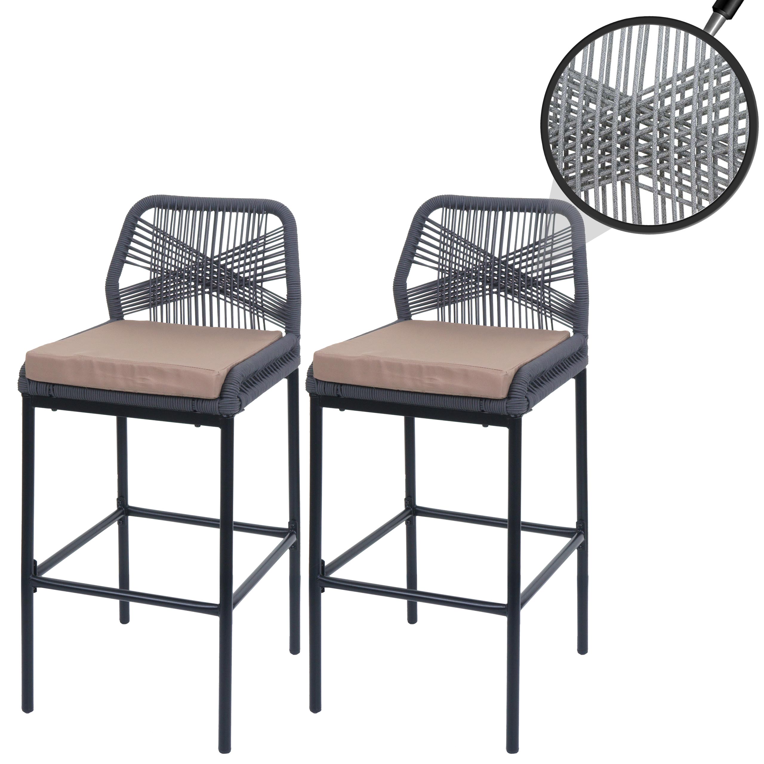 2er-Set Rope-Barhocker MCW-O21, Outdoor Sitzpolster Seilgeflecht Metall ~ anthrazit, Kissen taupe - Bild 1