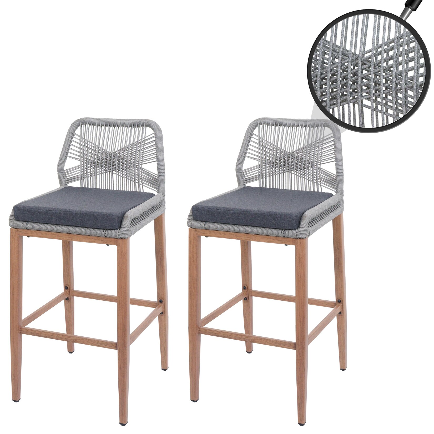 2er-Set Rope-Barhocker MCW-O21, Outdoor Sitzpolster Seilgeflecht Metall Holz-Optik ~ hellgrau, Kissen dunkelgrau