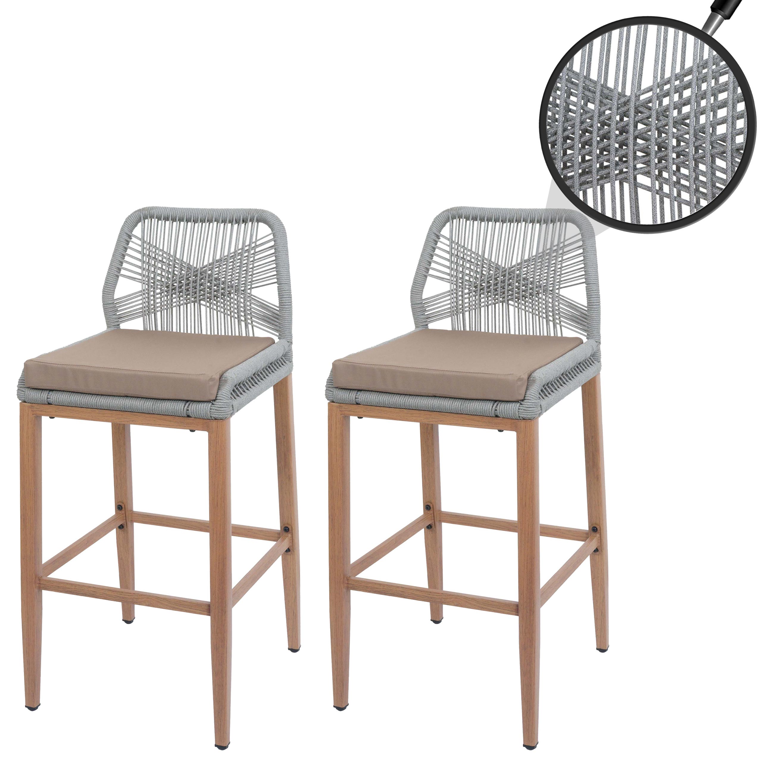 2er-Set Rope-Barhocker MCW-O21, Outdoor Sitzpolster Seilgeflecht Metall Holz-Optik ~ hellgrau, Kissen taupe - Bild 1