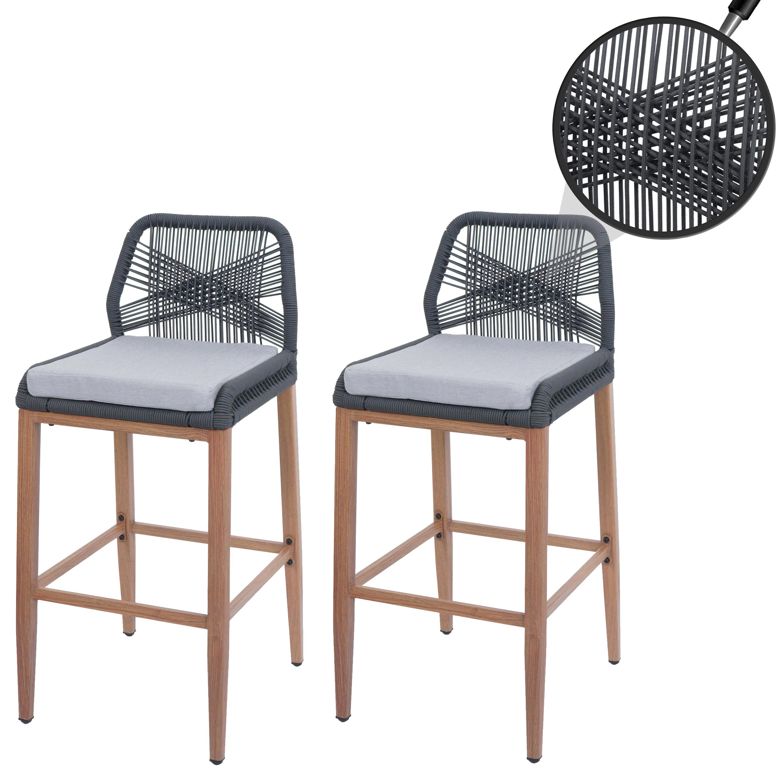 2er-Set Rope-Barhocker MCW-O21, Outdoor Sitzpolster Seilgeflecht Metall Holz-Optik ~ anthrazit, Kissen hellgrau - Bild 1
