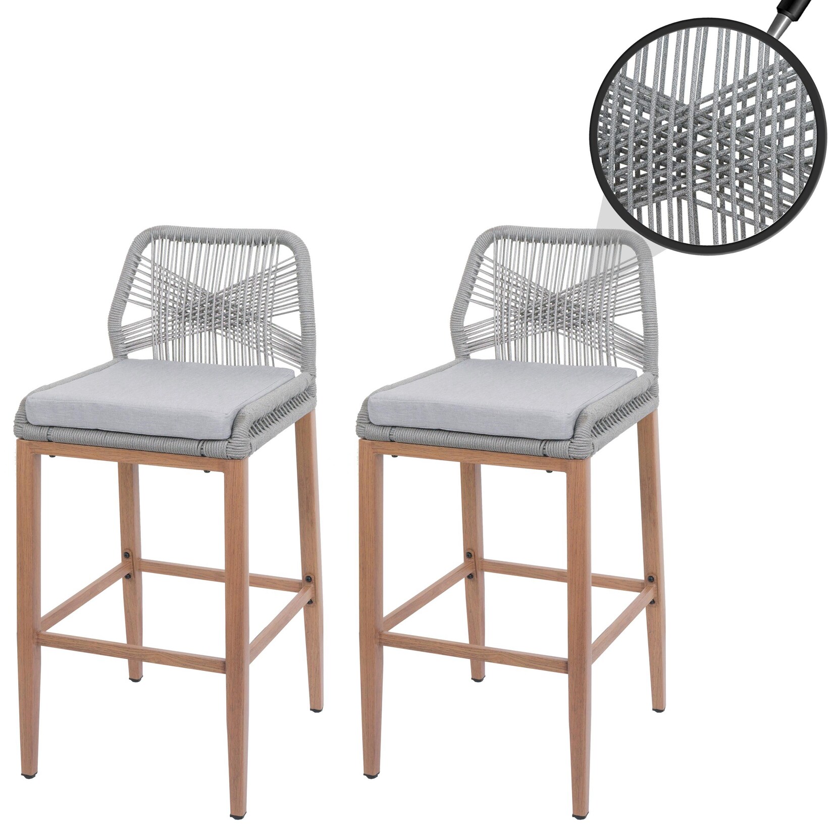 2er-Set Rope-Barhocker MCW-O21, Outdoor Sitzpolster Seilgeflecht Metall Holz-Optik ~ hellgrau, Kissen hellgrau