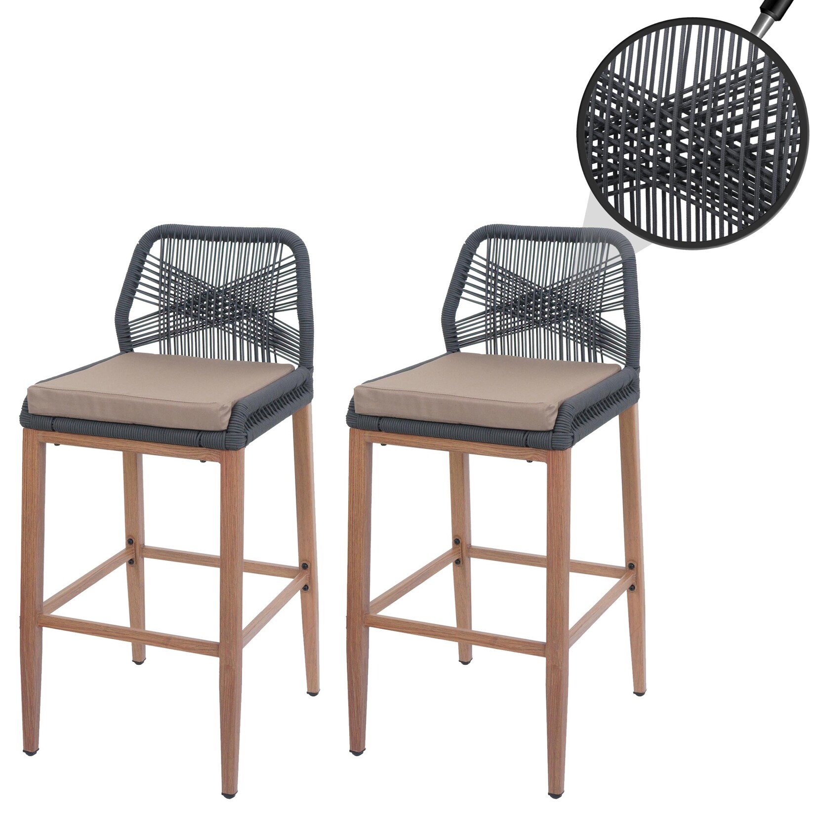 2er-Set Rope-Barhocker MCW-O21, Outdoor Sitzpolster Seilgeflecht Metall Holz-Optik ~ anthrazit, Kissen taupe