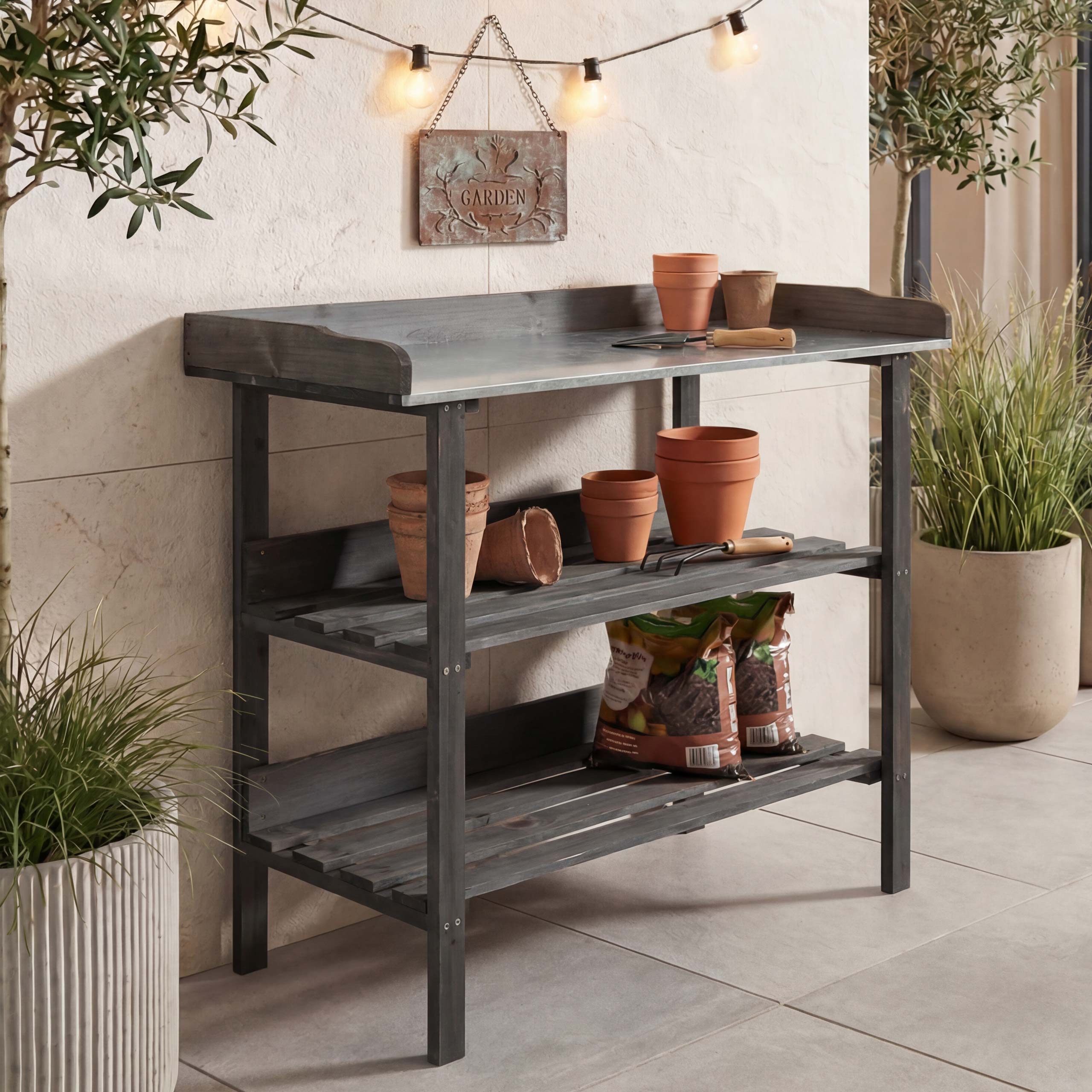 Pflanztisch MCW-O14, G&auml;rtnertisch Blumentisch Pflanzregal, Outdoor Holz Tanne MVG-zertifiziert, 86x92x41cm ~ anthrazit - Bild 1