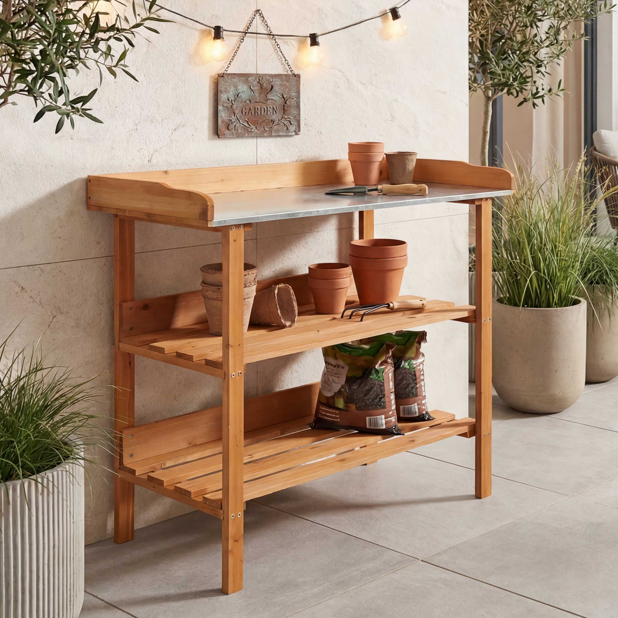 Pflanztisch MCW-O14, G&auml;rtnertisch Blumentisch Pflanzregal, Outdoor Holz Tanne MVG-zertifiziert, 86x92x41cm ~ natur - Bild 1