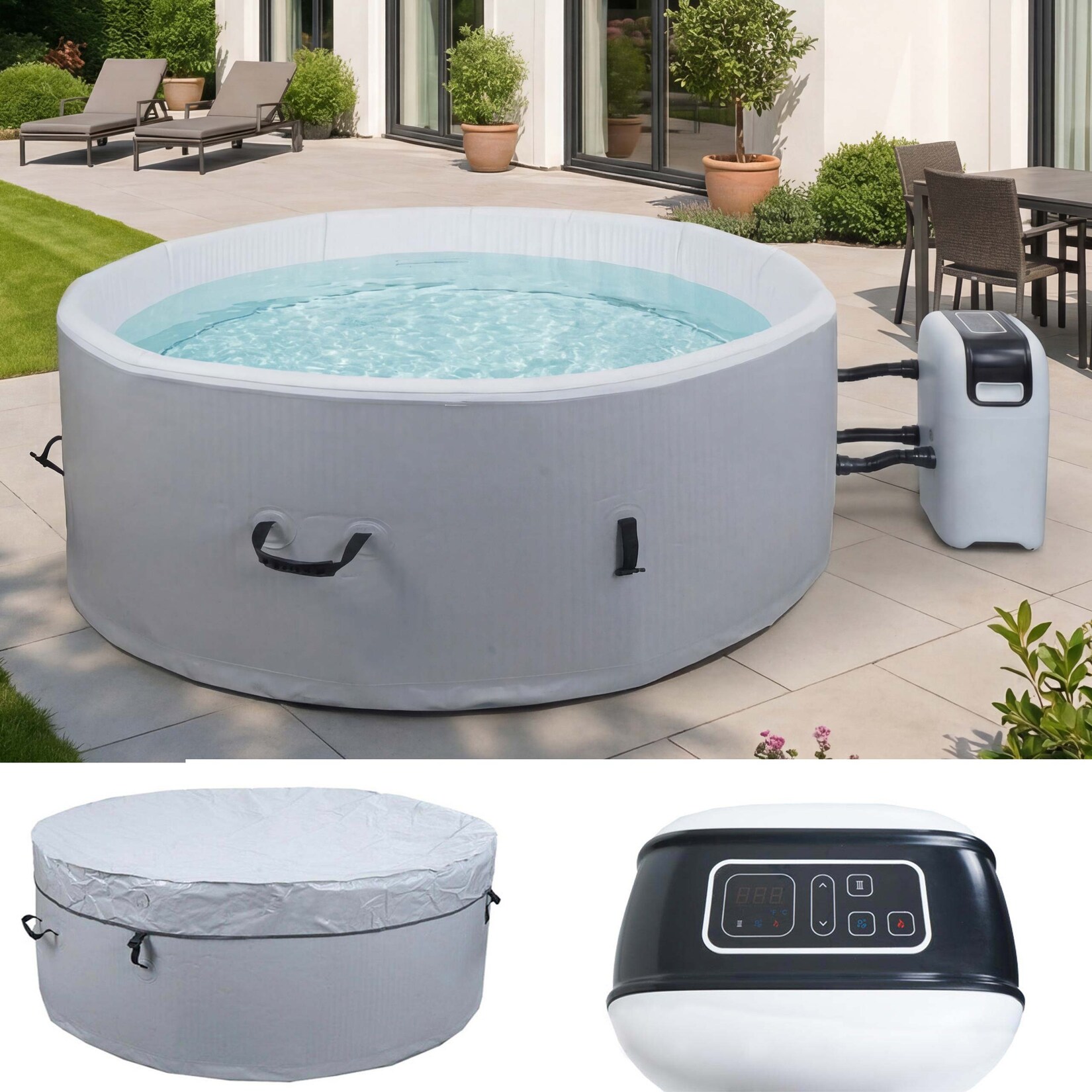 Whirlpool MCW-N97, 5 Personen, In-/Outdoor heizbar aufblasbar Pumpe Dropstitch-Gewebe, rund Ø180cm grau-weiß
