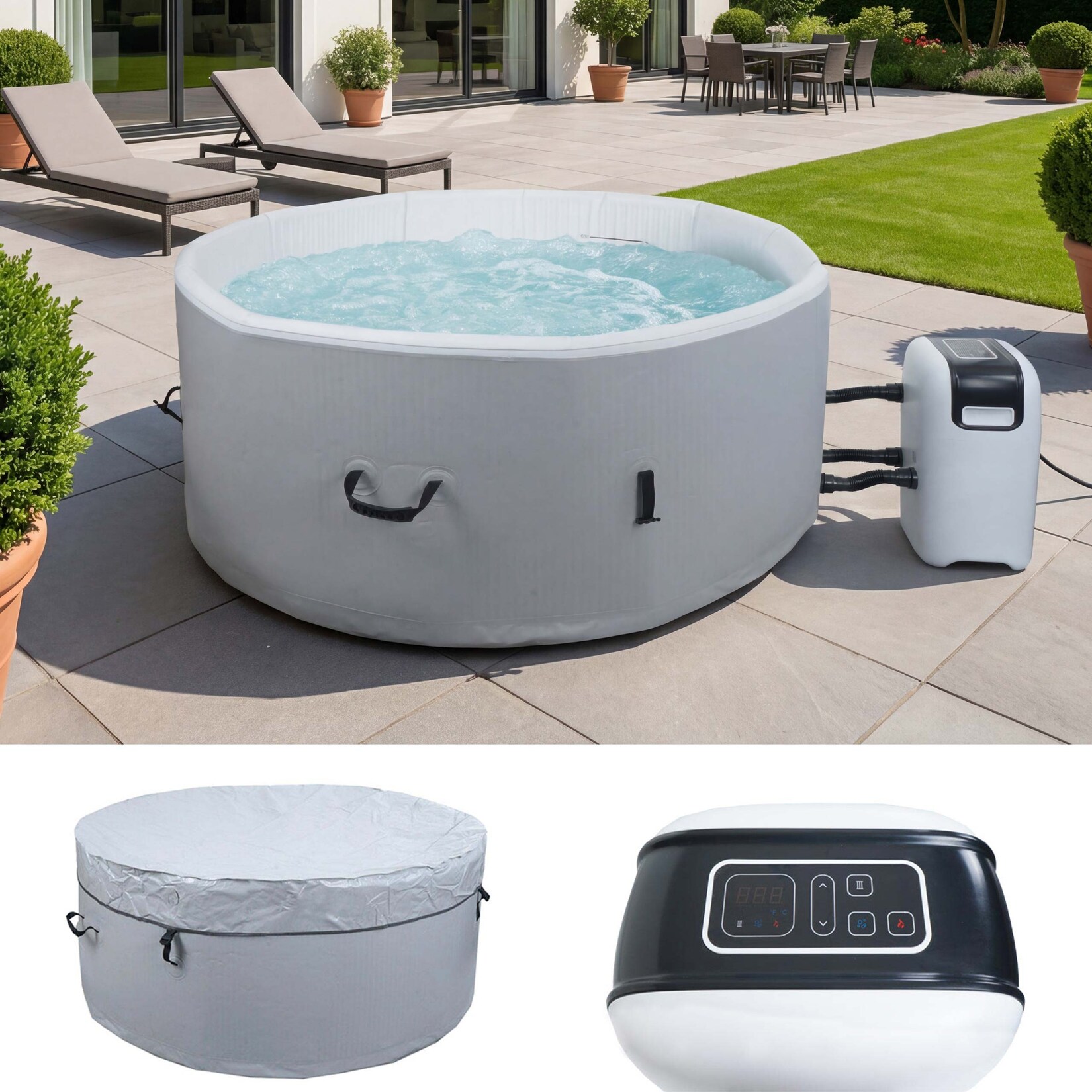 Whirlpool MCW-N97, 4 Personen, In-/Outdoor heizbar aufblasbar Pumpe Dropstitch-Gewebe, rund Ø150cm grau-weiß
