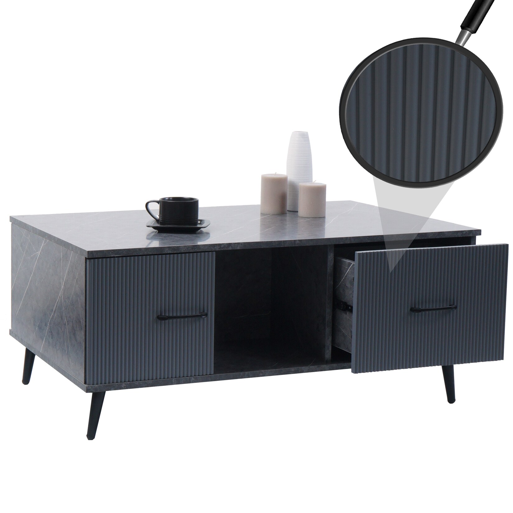 Couchtisch MCW-N89, Beistelltisch Sofatisch, Schubladen Türen Fächer Melamin Holz, 43x100x60cm ~ Marmor-Optik grau | 04057651879437