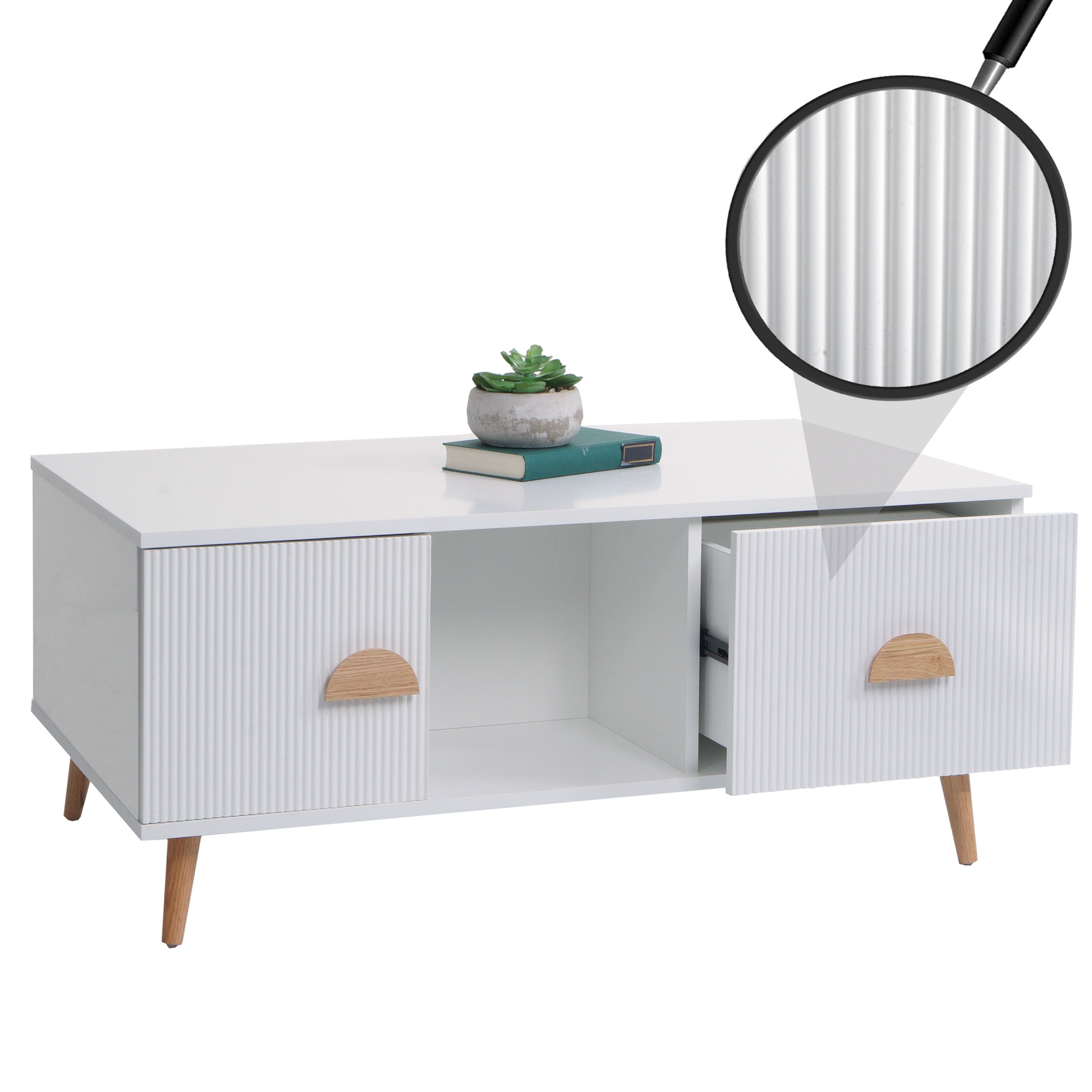 Couchtisch MCW-N89, Beistelltisch Sofatisch, Schubladen T&uuml;ren F&auml;cher 3D-Design Melamin Holz, 43x100x60cm ~ wei&szlig; - Bild 1