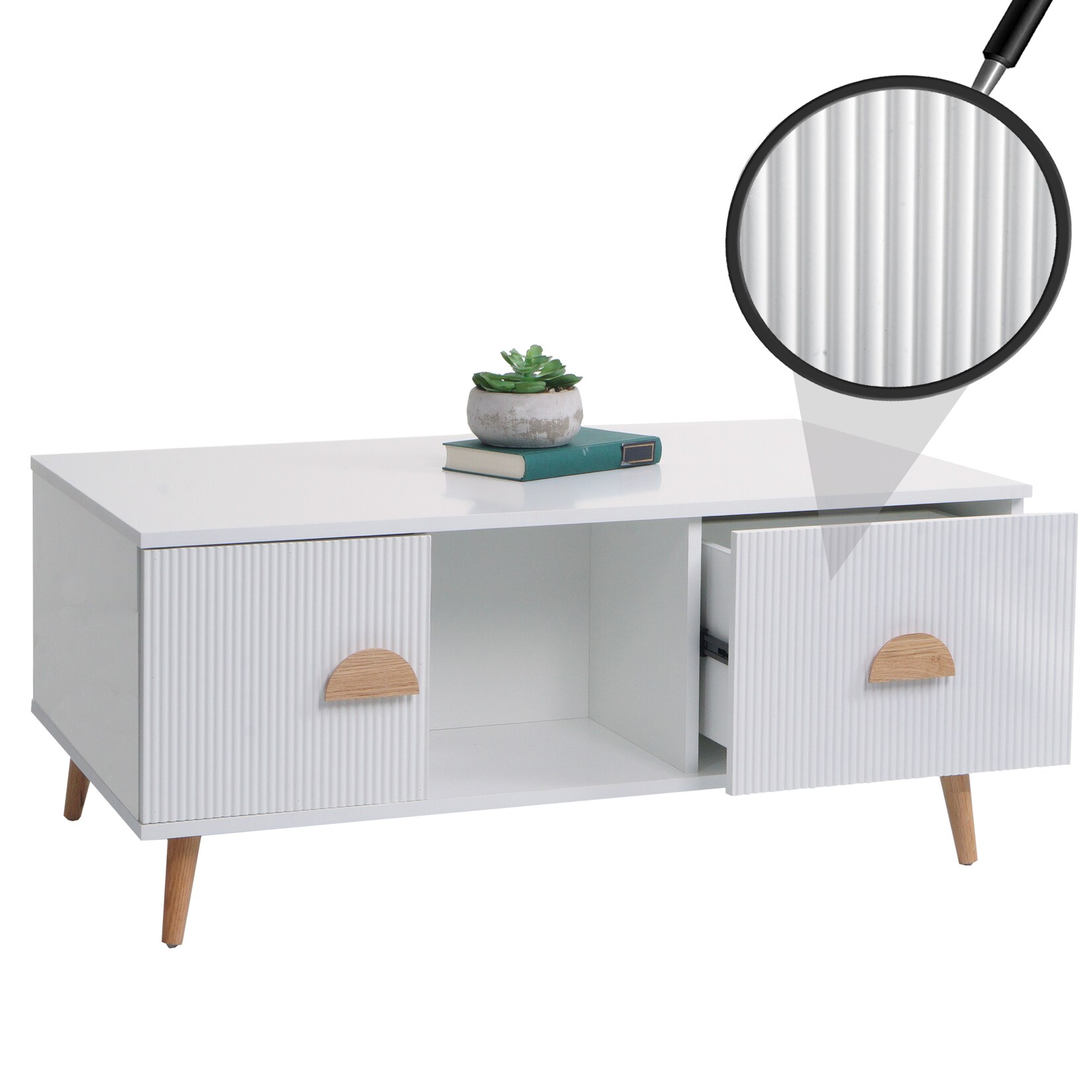 Couchtisch MCW-N89, Beistelltisch Sofatisch, Schubladen Türen Fächer 3D-Design Melamin Holz, 43x100x60cm ~ weiß