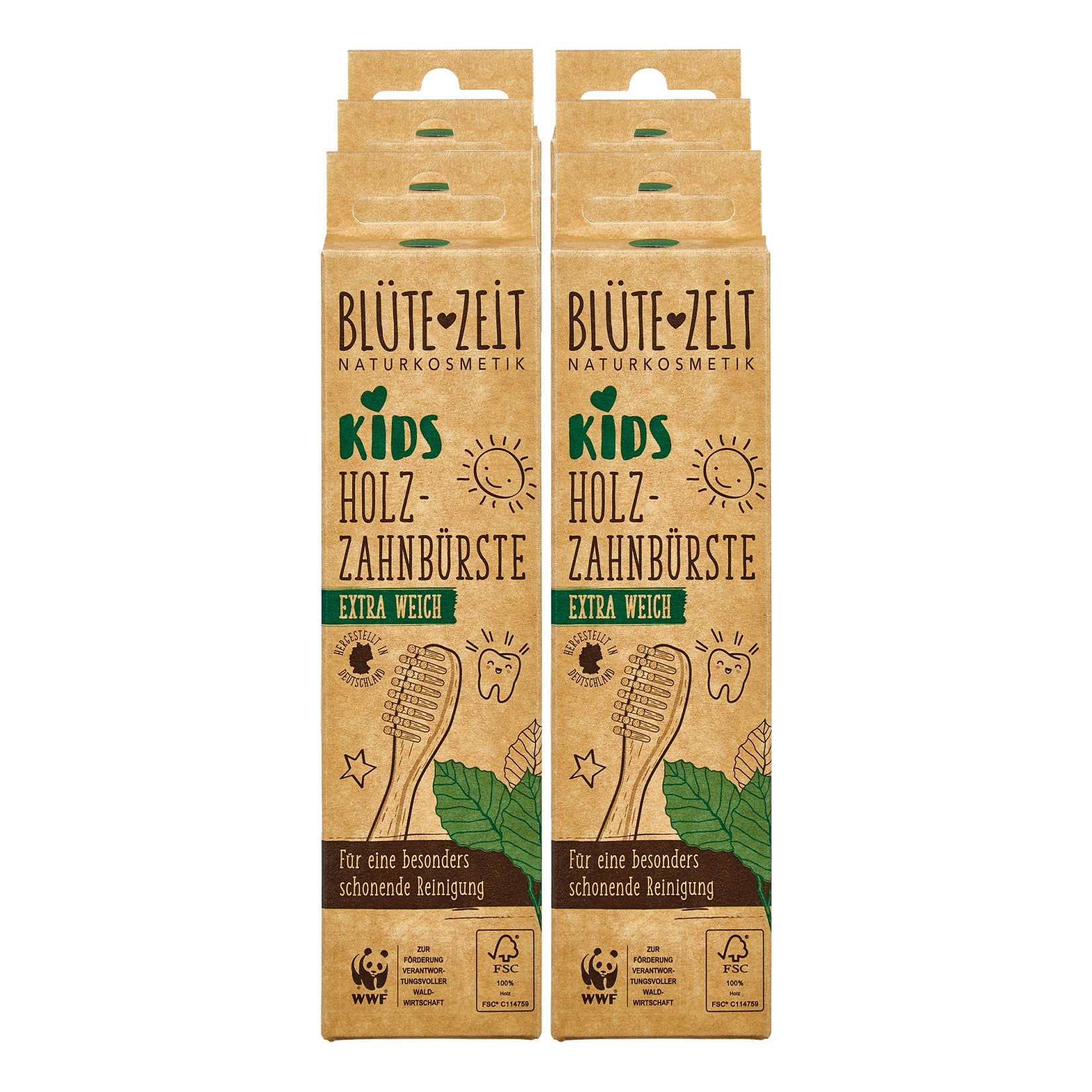 Bl&uuml;tezeit Kinder-Zahnb&uuml;rste aus Buchenholz, 6er Pack - Bild 1