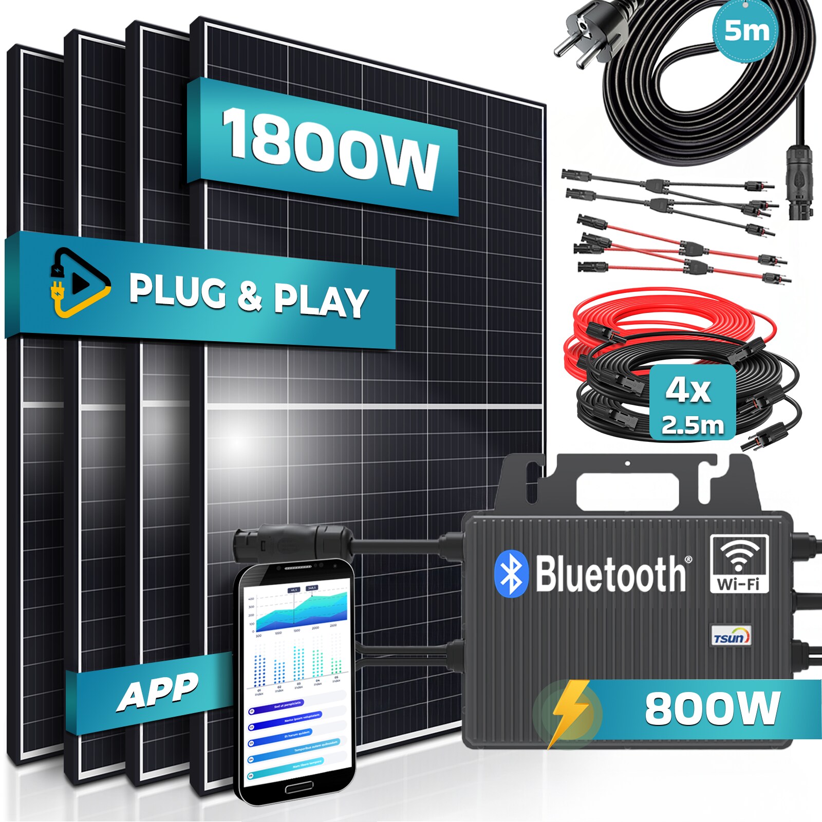 SUNNIVA® 1800W Balkonkraftwerk 800W komplett Steckdose – TSUN 800W Wechselrichter – PV Solaranlage Komplettset – 4x 450W (1800W) Solarmodule, Black Frame – inkl. 5m Kabel – Bluetooth, WIFI | 04255656236204