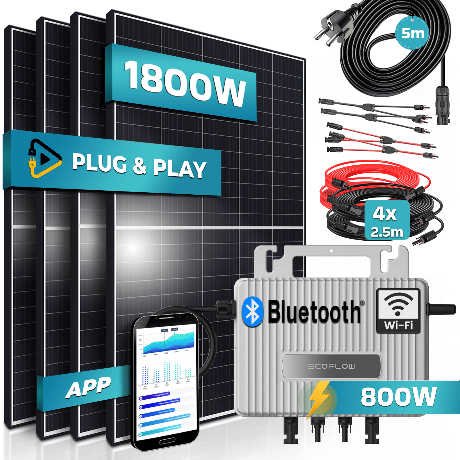 SUNNIVA&reg; 1800W Balkonkraftwerk 800W komplett Steckdose - Ecoflow Stream 800W Wechselrichter - PV Solaranlage Komplettset - 4x 450W (1800W) Solarmodule - inkl. 5m Kabel - Bluetooth, WIFI - Bild 1