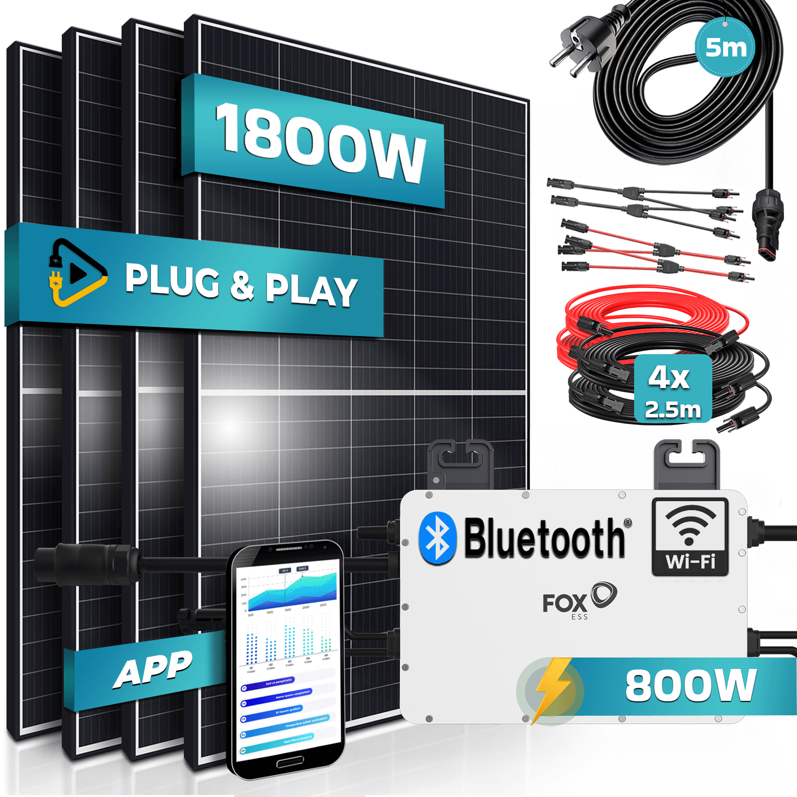 SUNNIVA&reg; 1800W Balkonkraftwerk 800W komplett Steckdose - FOX ESS 800W Wechselrichter - PV Solaranlage Komplettset - 4x 450W (1800W) Solarmodule - inkl. 5m Kabel - Bluetooth, WIFI - Bild 1