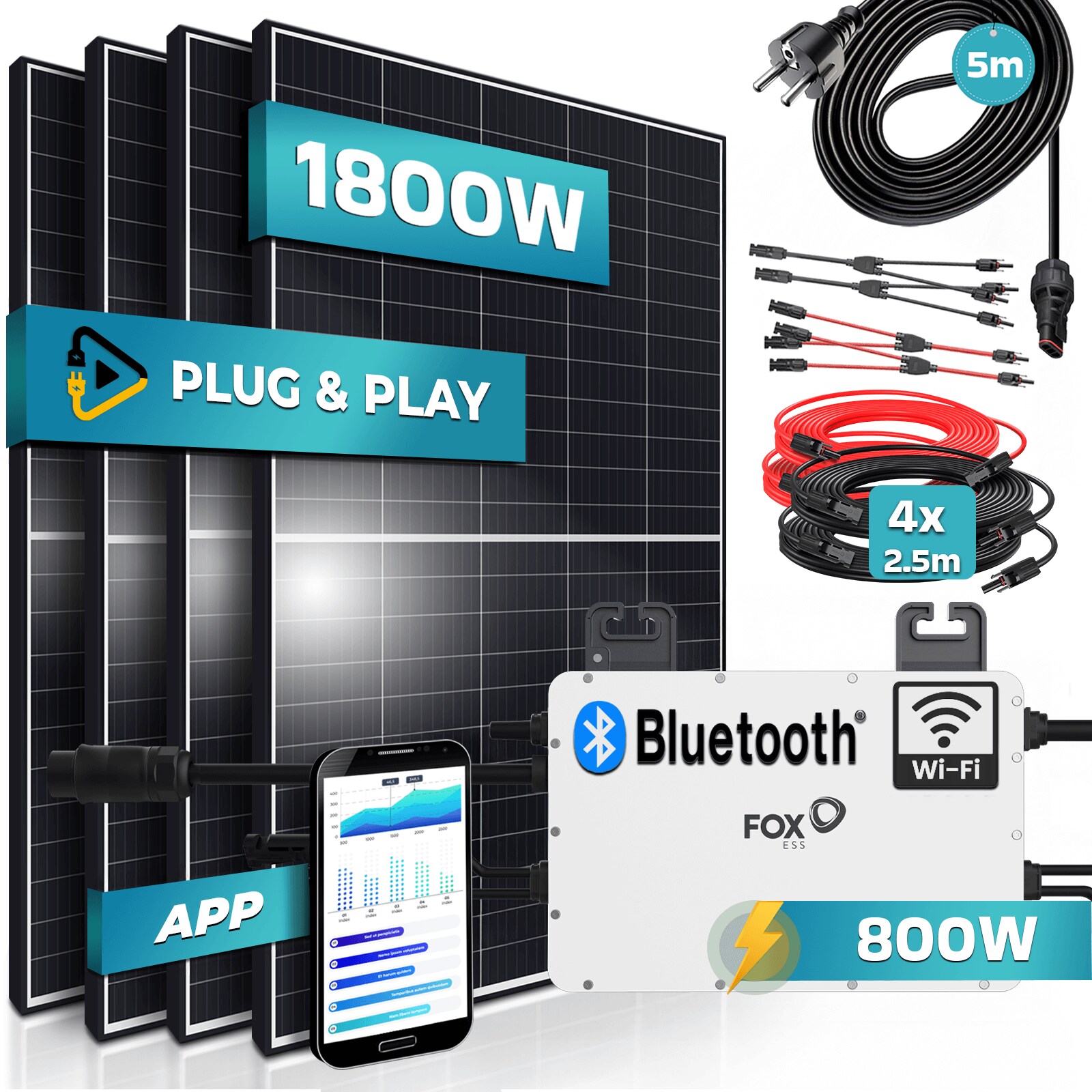 SUNNIVA® 1800W Balkonkraftwerk 800W komplett Steckdose – FOX ESS 800W Wechselrichter – PV Solaranlage Komplettset – 4x 450W (1800W) Solarmodule – inkl. 5m Kabel – Bluetooth, WIFI | 04255656236228