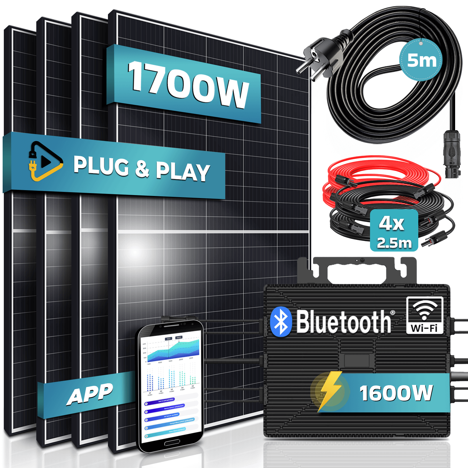 SUNNIVA&reg; 1700W Balkonkraftwerk 1600W komplett Steckdose - Astro Energy 1600W Micro Wechselrichter - PV Solaranlage Komplettset - 4x 425W (1700W) Solarmodule - inkl. 5m Kabel - Bluetooth, WIFI - Bild 1