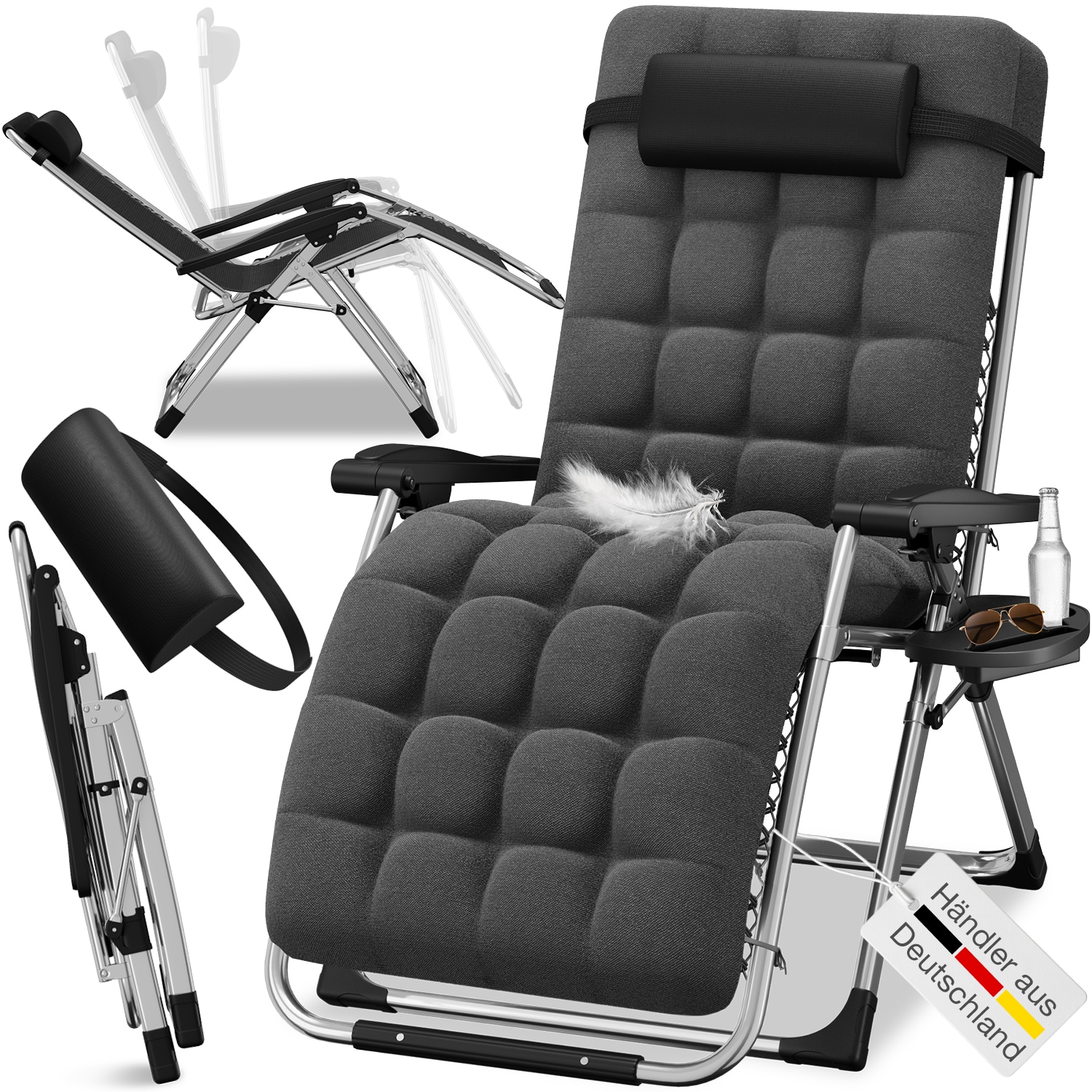 ELONEO Gartenliegestuhl, Sonnenliege klappbar mit extra dicker Auflage inkl. Nackenkissen & Getr&auml;nkehalter, schwarz - Bild 1