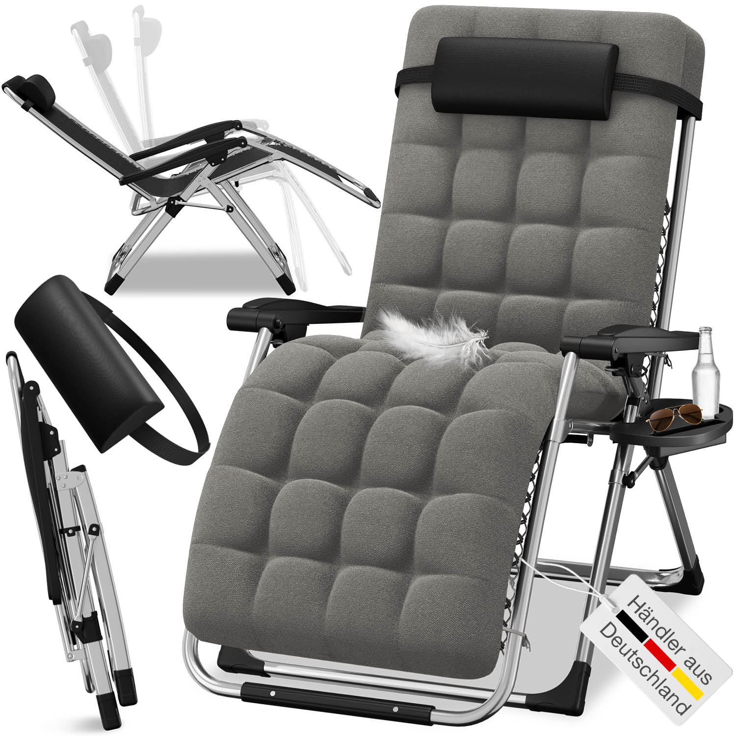 ELONEO Gartenliegestuhl, Sonnenliege klappbar mit extra dicker Auflage inkl. Nackenkissen & Getr&auml;nkehalter, grau - Bild 1