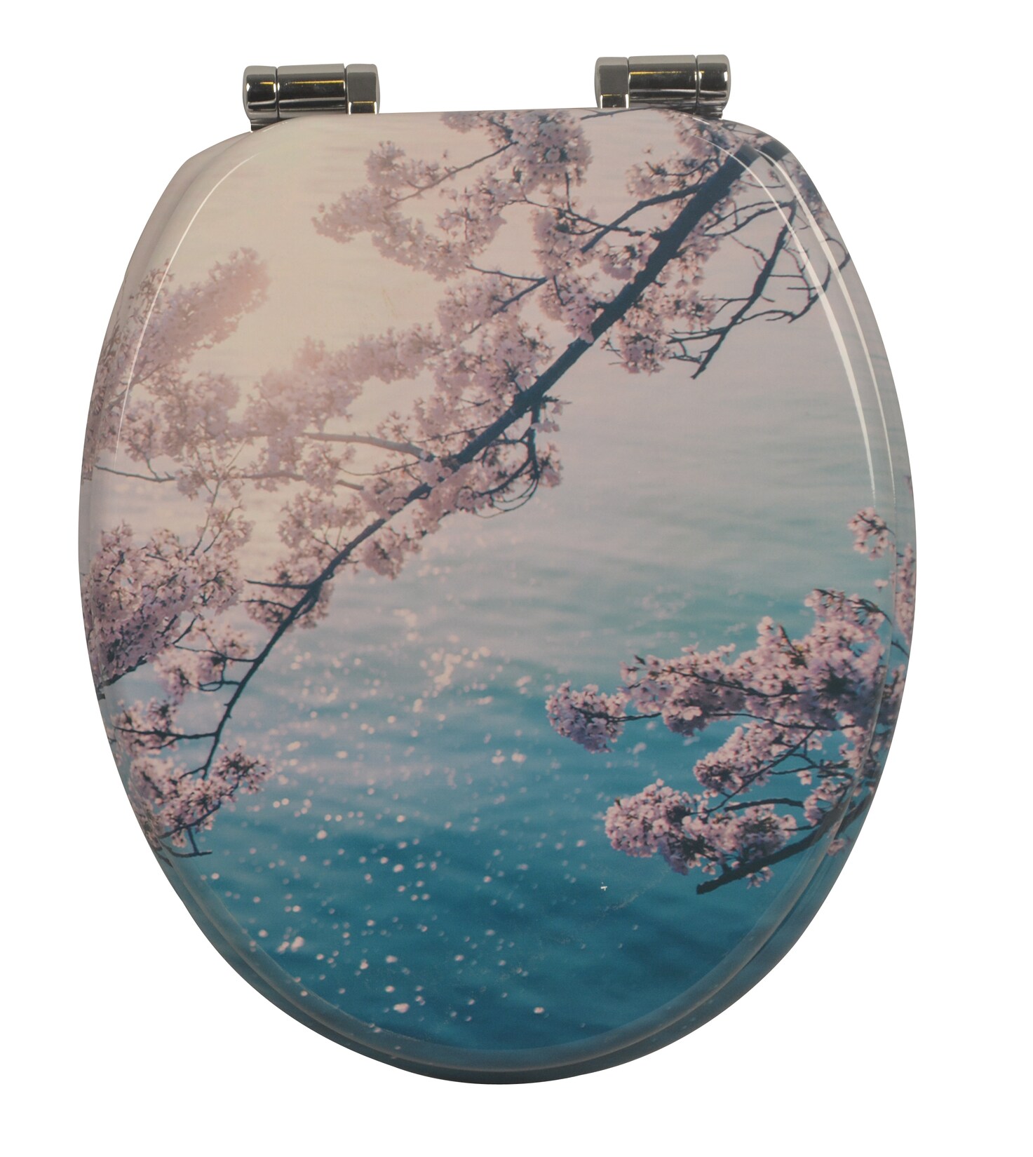 sanicomfort WC Sitz Cherry Blossom , MDF Holzkern, mit Absenkautomatik, Toilettensitz mit Klodecken, Klobrille und Deckel, verchromte Metallscharniere, einfache Montage