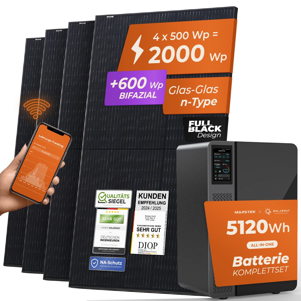 Solarway&reg; All In One Balkonkraftwerk mit Speicher 2000W komplett Steckdose - 5,1 kWh Marstek Jupiter E Speicher - Solaranlage Komplettset - 500W bifaziale Solarmodule & Marstek Speicher - Bild 1
